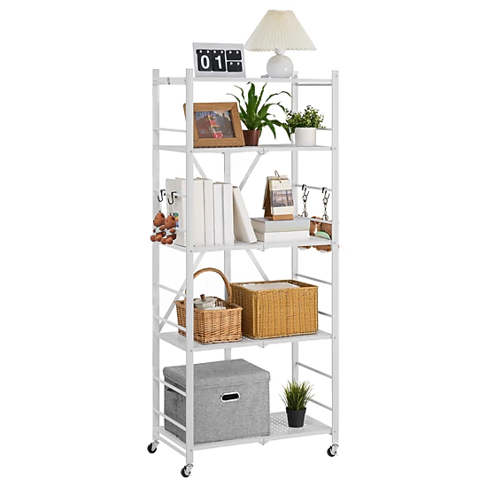 Flynama Folding Storage Shelf with Wheels 5-Tier Metal Shelving Unit White
