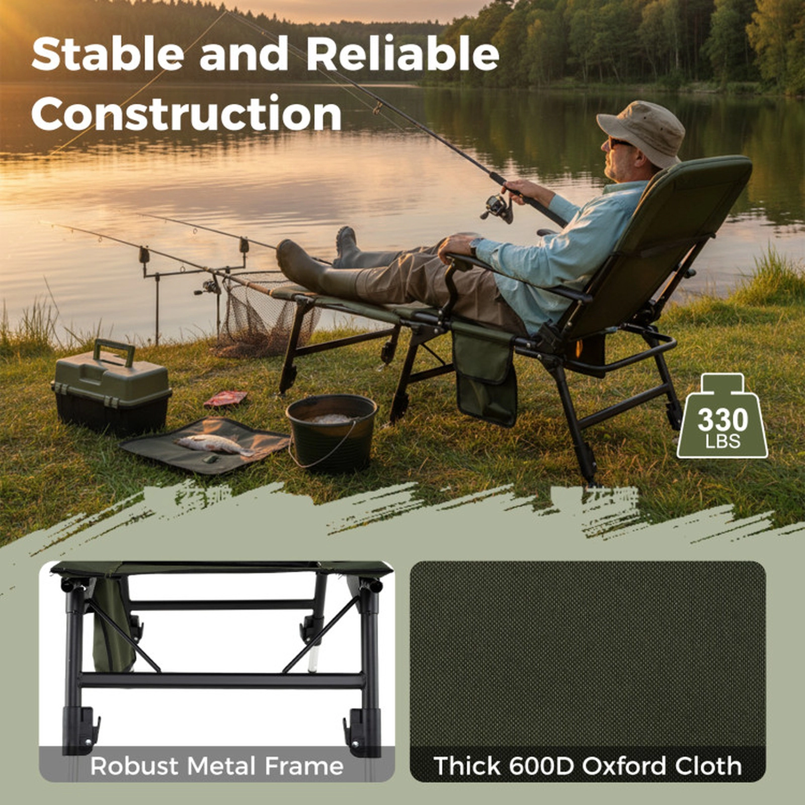 SUGIFT Green Oversized Folding Fishing Chair with Detachable Footrest 24-in W 46-in D 330-lb Chair Capacity