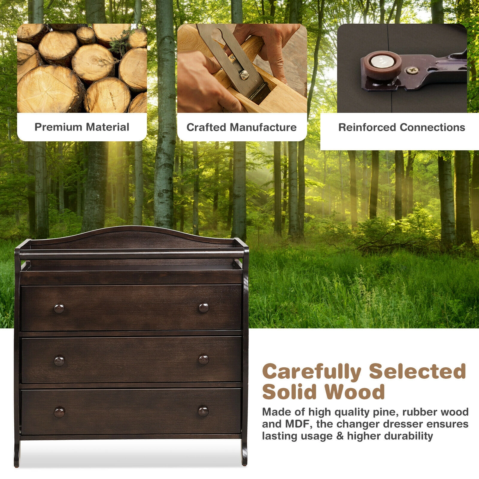 SUGIFT Brown Wood Baby Changing Table Dresser, 3 Drawers and Safety Belt