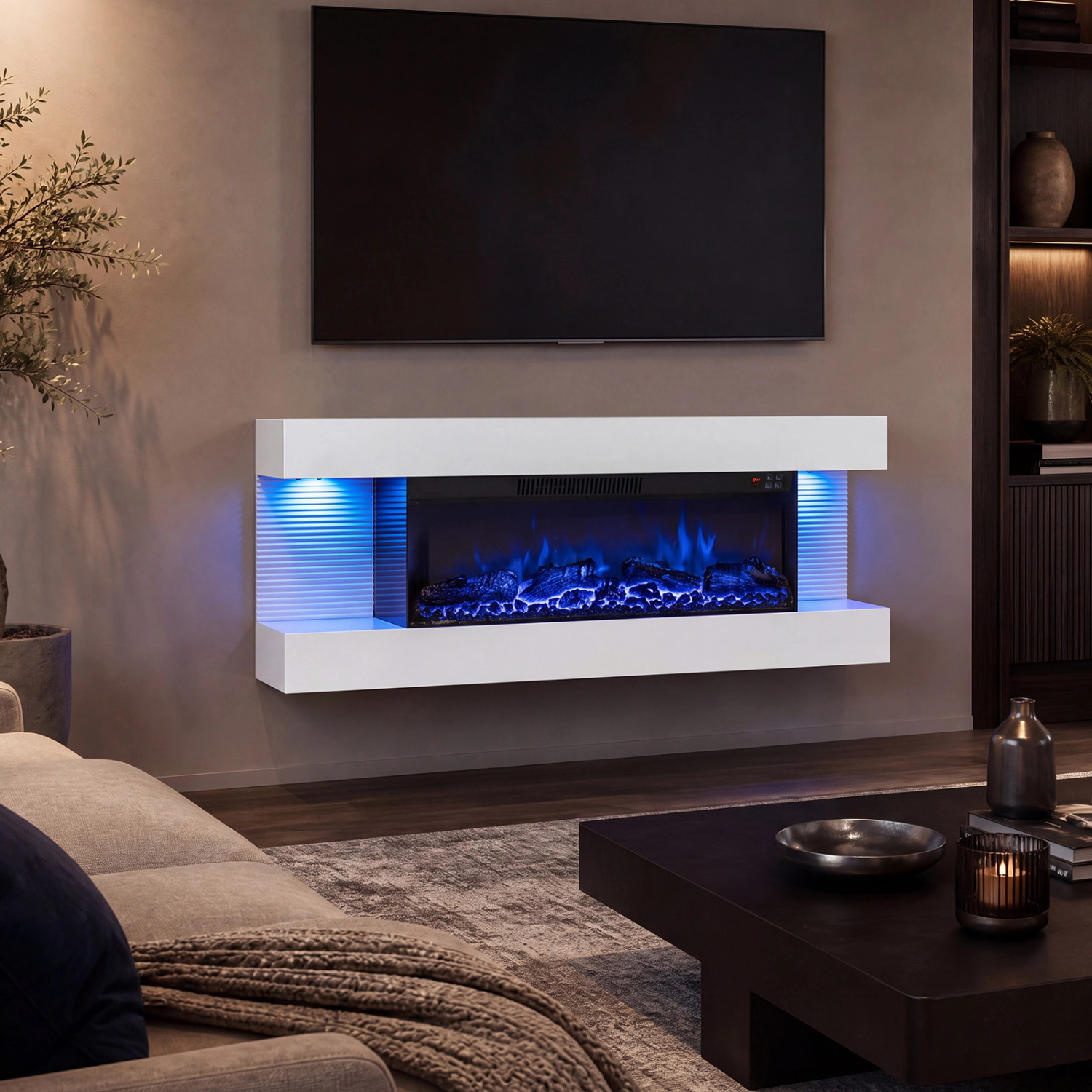 LJG 3-Sided White Wall Mount Electric WiFi Fireplace with Floating Mantel and 12 Flame Ambient Colors