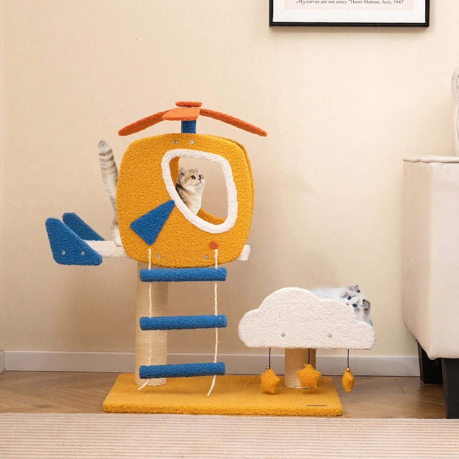 SUGIFT 30 in Cat Tower Yellow Aviation Theme with Helicopter Top Perch and Cloud Panel