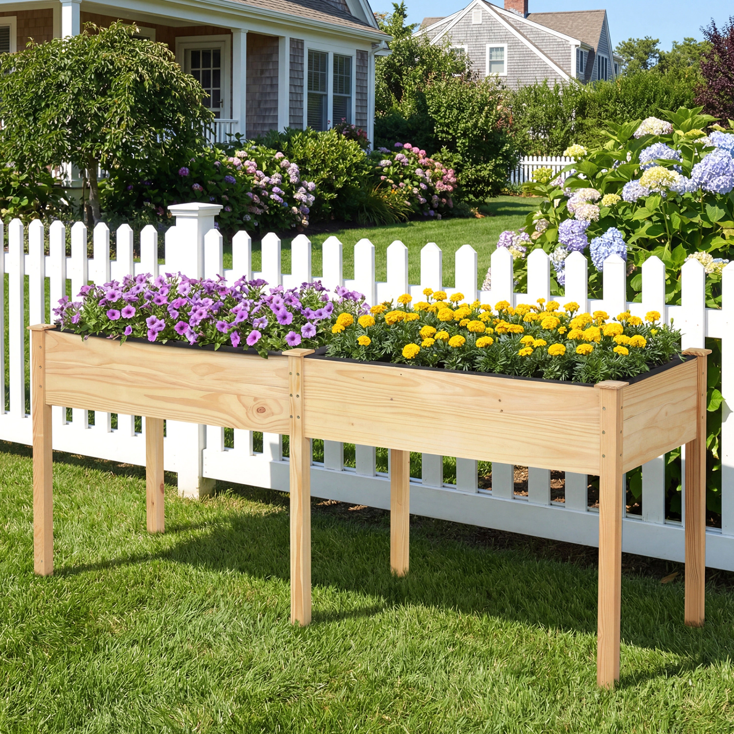 LJG Fir Wood Outdoor Raised Garden Bed with Divider Panel and Drainage Holes