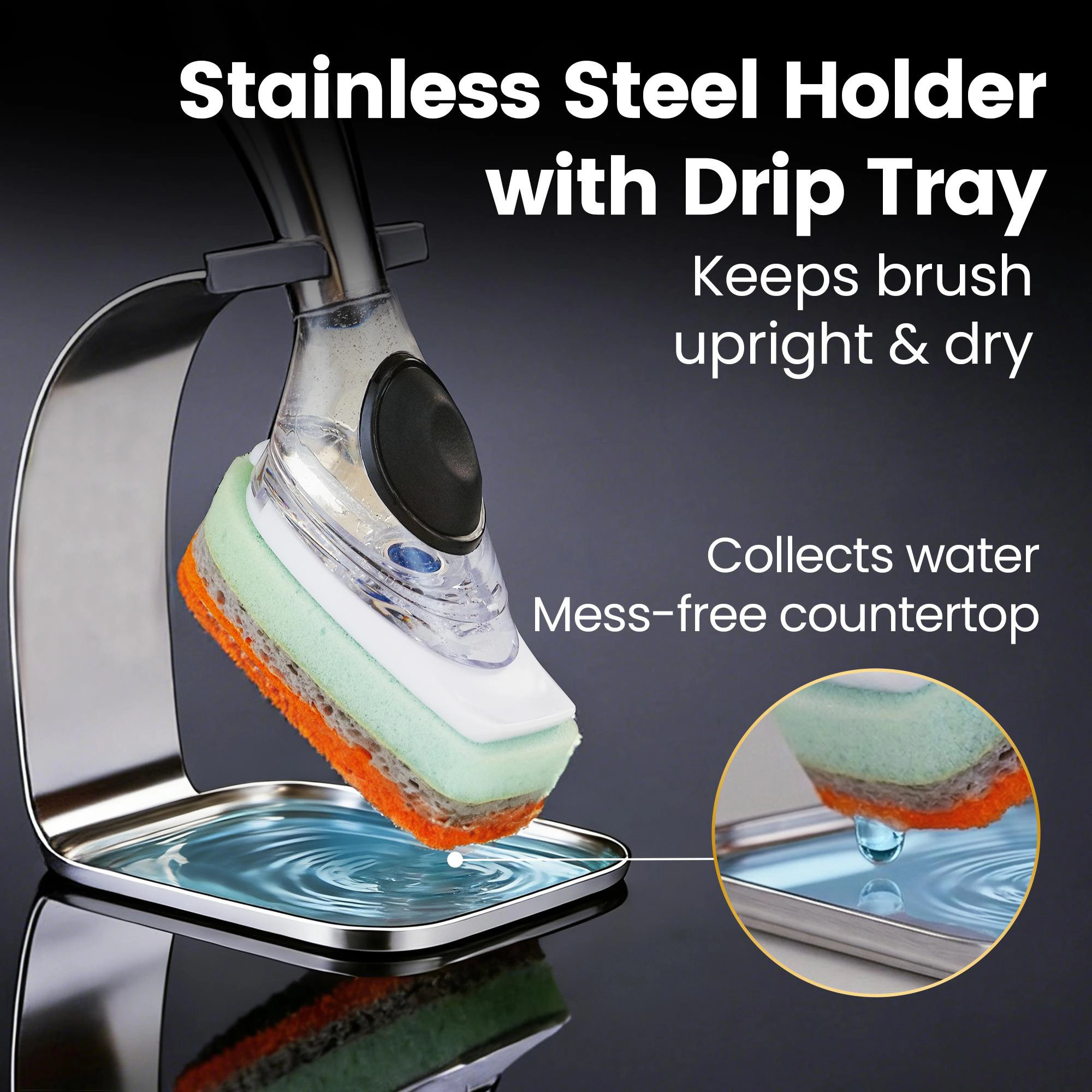 Gourmet Easy Dish Scrubber Stainless Steel Handle & Easy Storage Holder