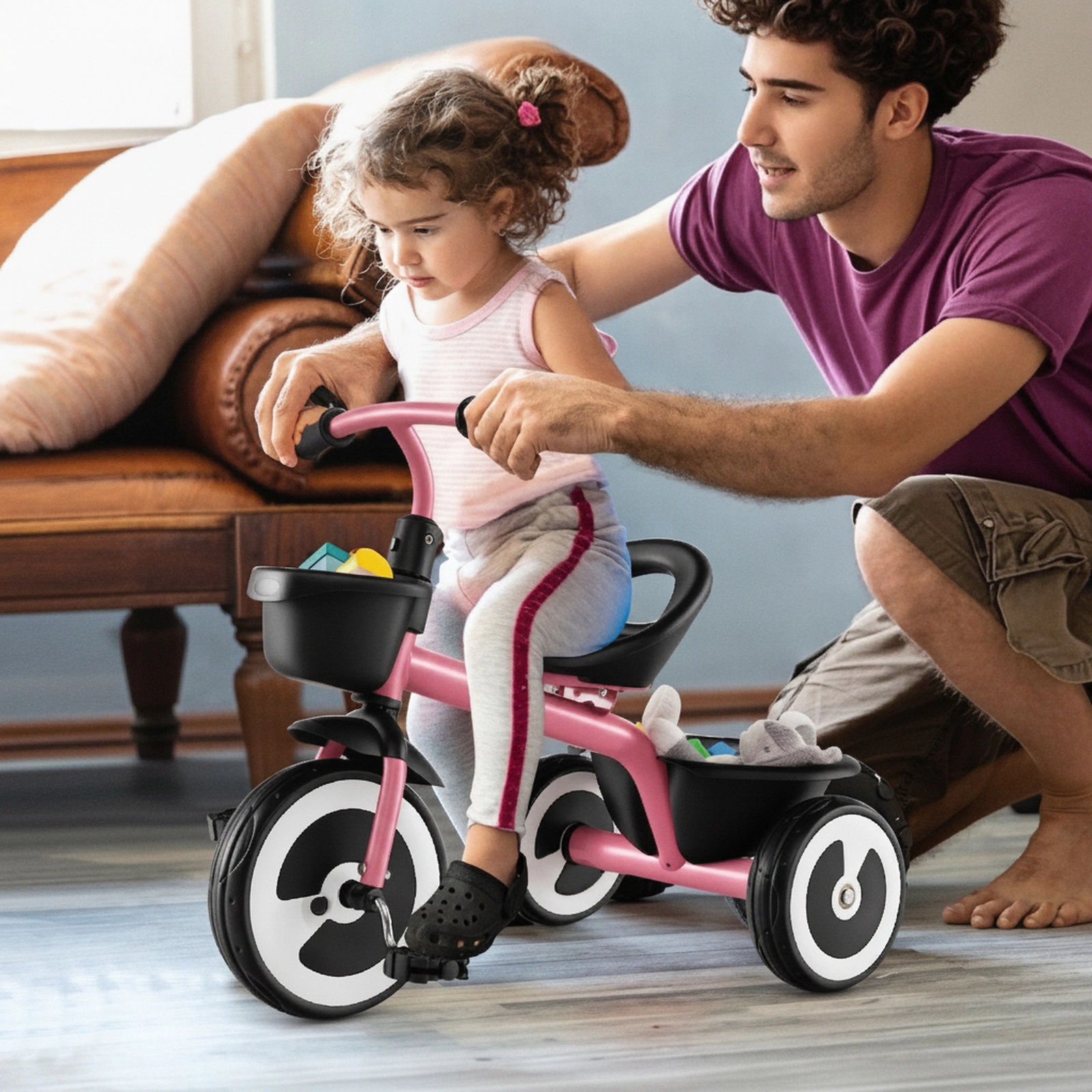 Toddler Tricycle Adjustable Seat Front Rear Baskets Silent EVA Wheels and 110-Degree Limited Steering Ages 1.5-5 Pink