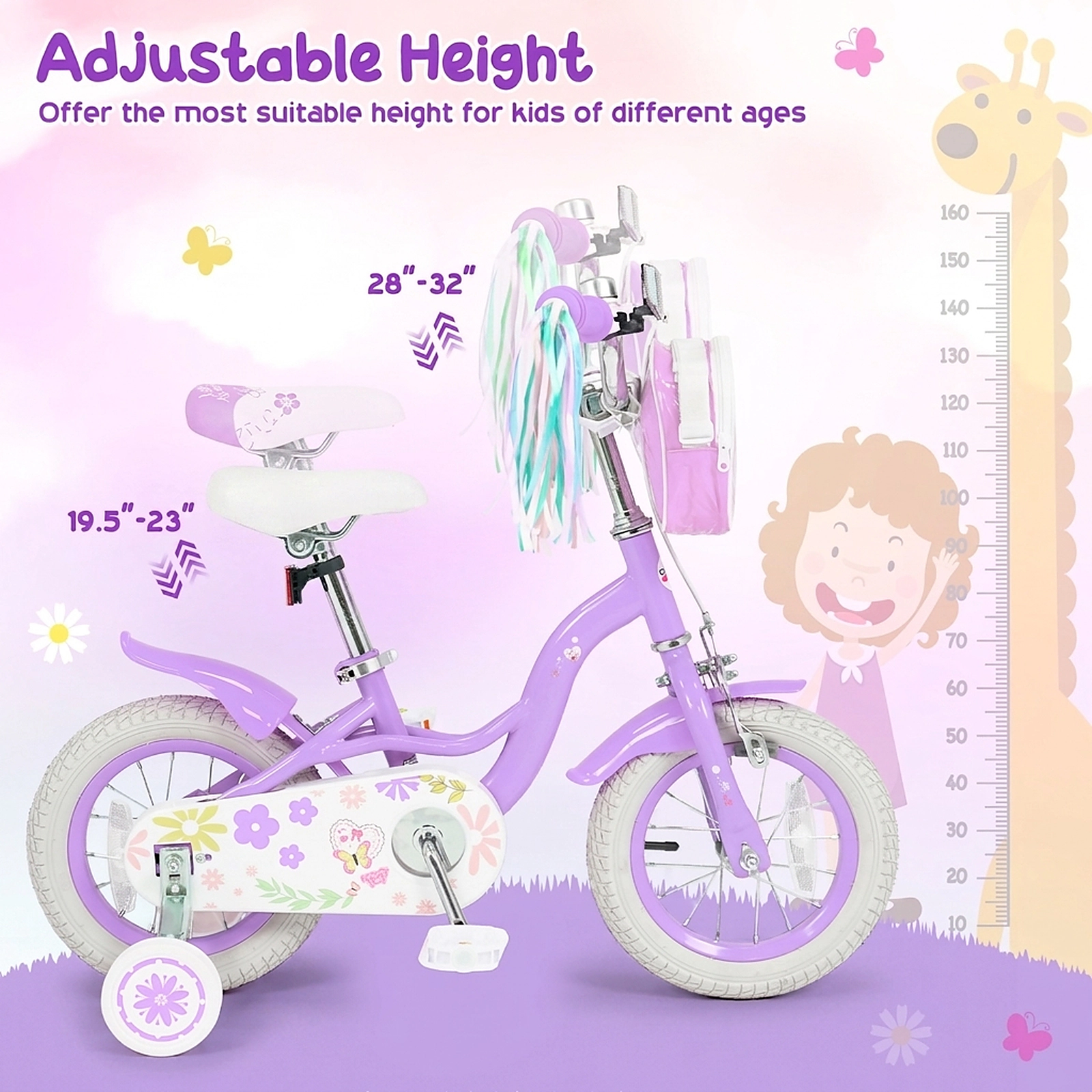 SUGIFT Purple Training Wheels Front Bag and Streamers Girls Bike