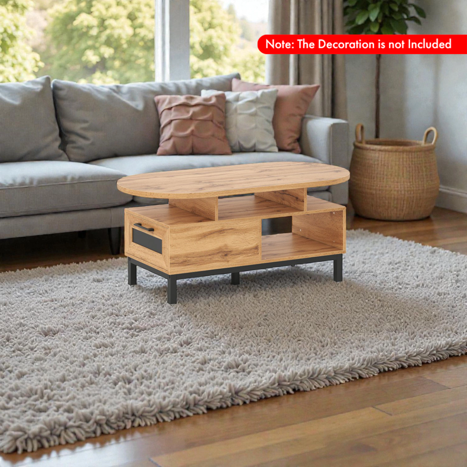 Hivvago Living Room Oval Coffee Table, 47-Inch with Built-In Storage and Shelves