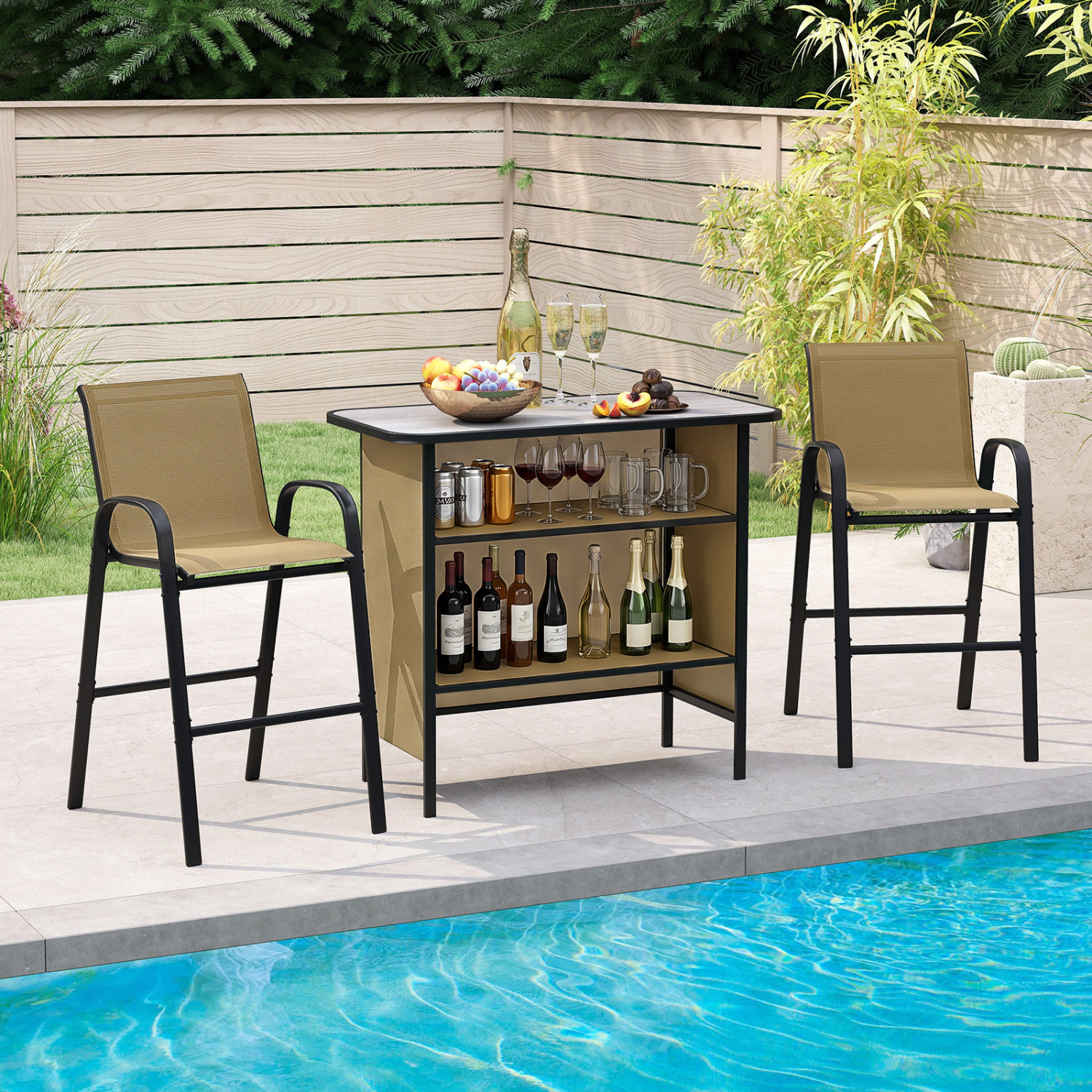 LJG 3 Piece Outdoor Bar Set with Footrest and 2-Tier Shelf
