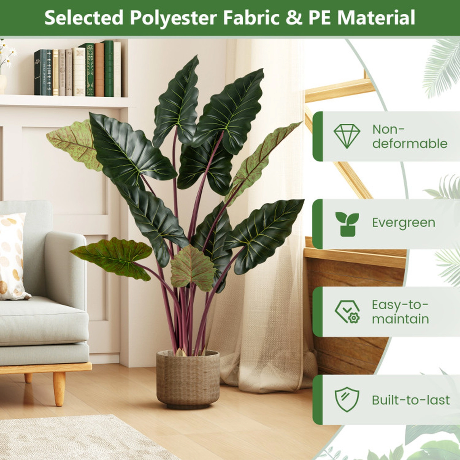 SUGIFT Set of 2 63-in 11 Ruffled Leaves Bendable Metal Stems Artificial Taro Trees 6.5-in x 5.5-in Pot 11-lb Green