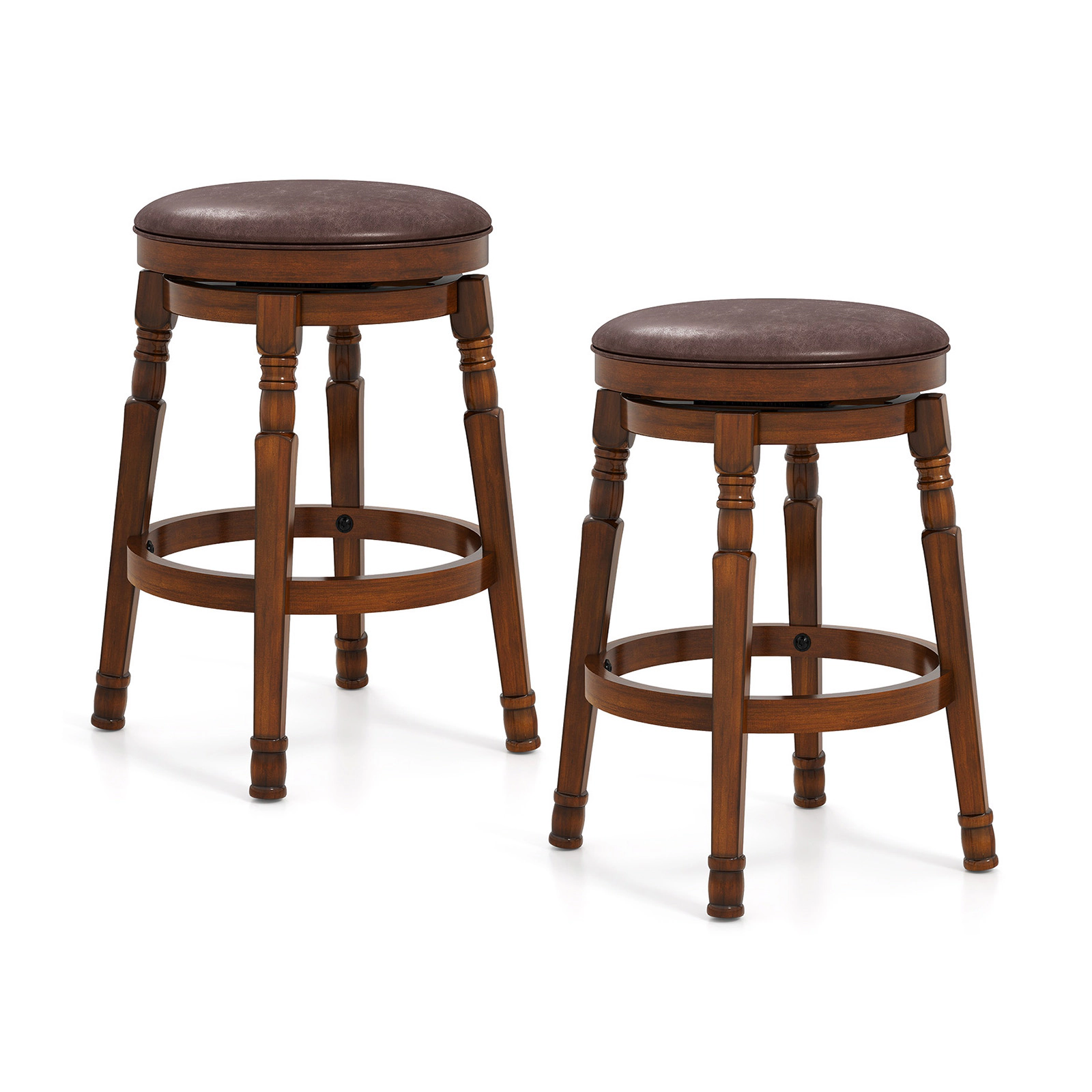 SUGIFT Round Padded Leather Seat Set of 2 Walnut 24 in Swivel Backless Bar Stools