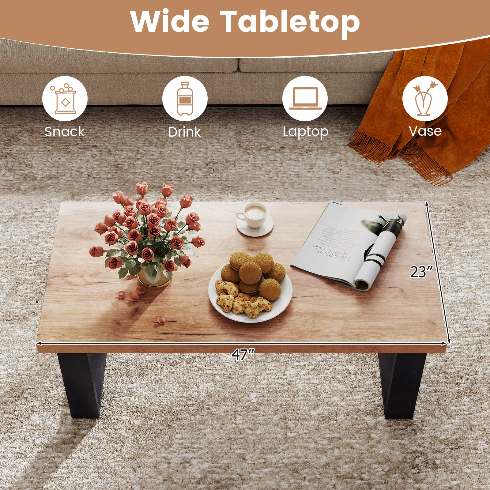 SUGIFT 1.8-in Thick Top Engineered Wood Farmhouse Rustic Coffee Table 47-in x 23-in x 18-in 176-lb Capacity Oak