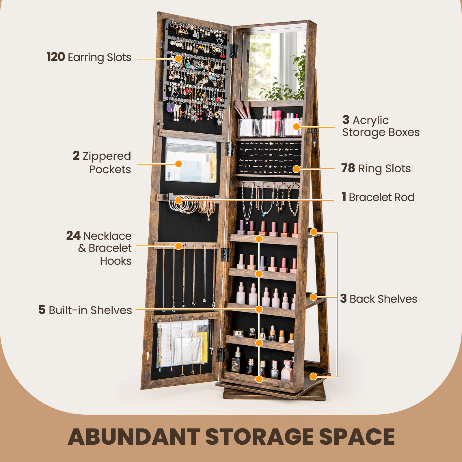 SUGIFT 360-Degree Swivel Jewelry Armoire Standing Organizer with Full-Length Mirror and Open Back Shelves