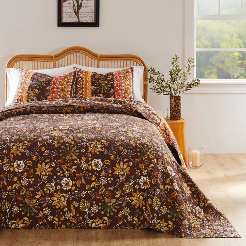 Barefoot Bungalow Audrey Chic Boho Jacean Fern and Floral Prints Bedspread Set 3 PC Two Pillow Shams
