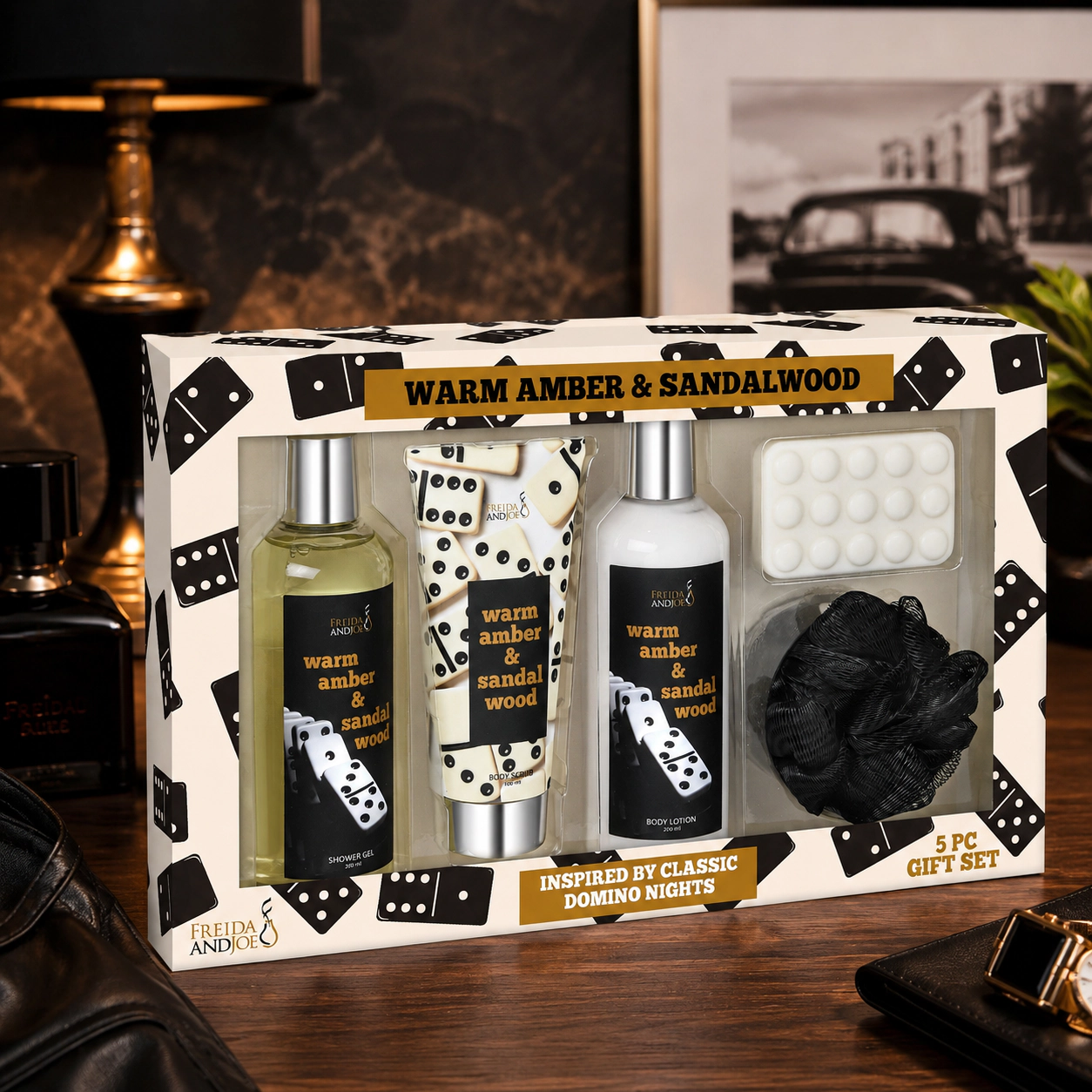 Freida and Joe Mens Warm Amber & Sandalwood Domino Nights Bath And Body Gift Set