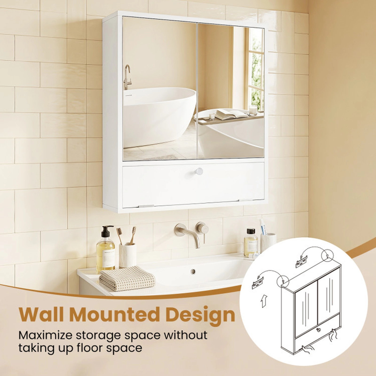 SUGIFT 2 Push-to-Open Mirrored Doors Engineered Wood Medicine Cabinet 21.5-in x 5.5-in x 24.5-in 22-lb Shelf White