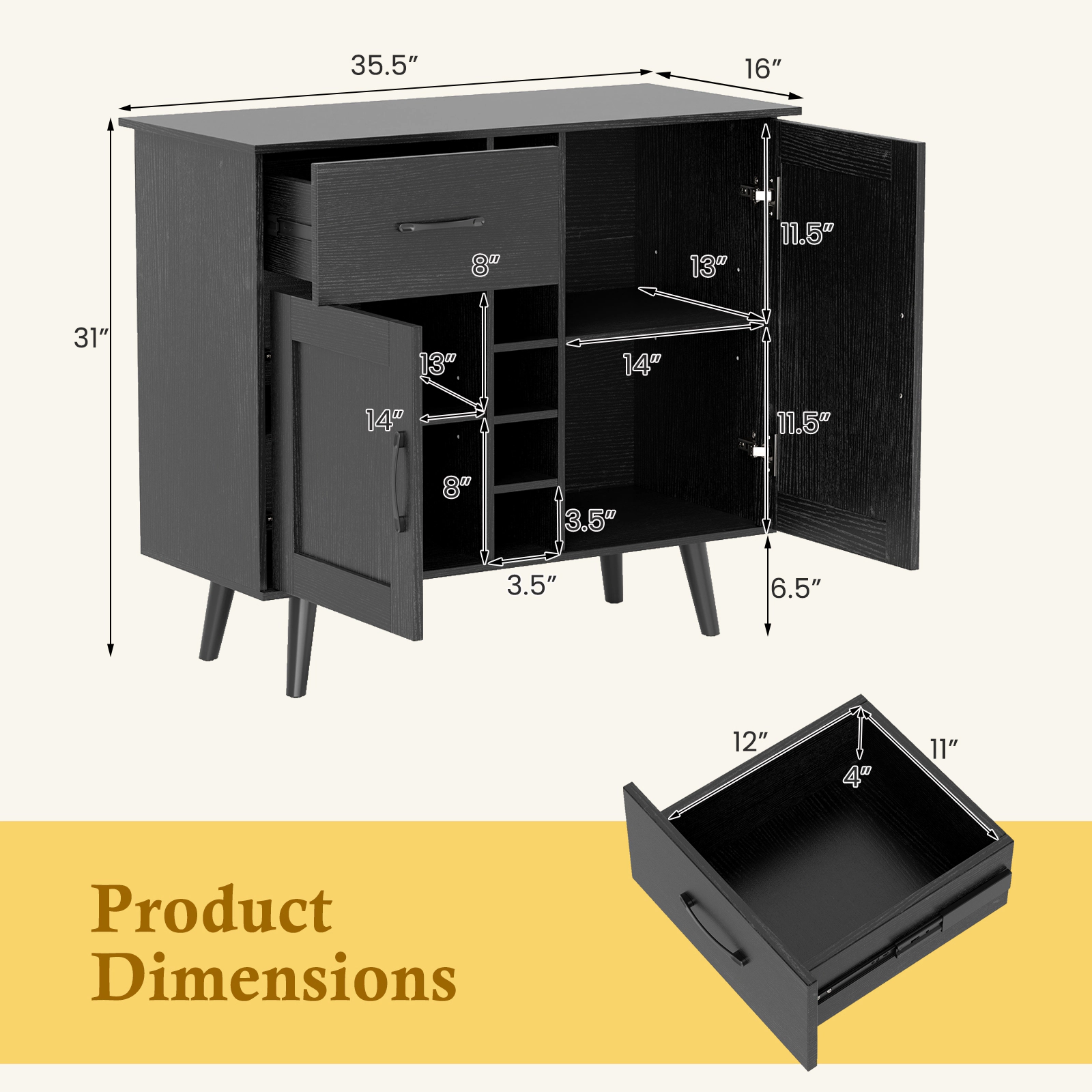 SUGIFT Modern Wine Bar Buffet Cabinet with 6-Bottle Wine Rack 125-lb Tabletop Capacity Black