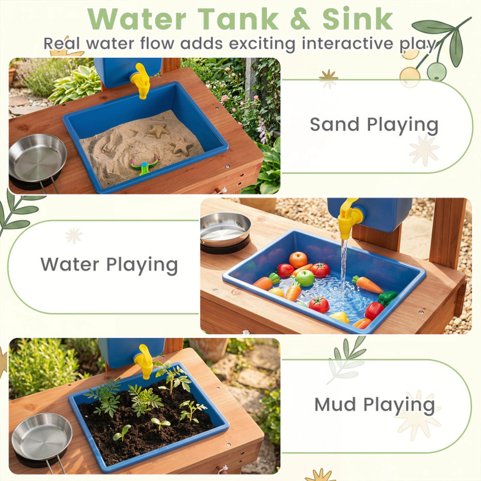 SUGIFT Kids Mud Kitchen with Planter Box, Sink and 13 Accessories 37-in Wide Ages 3+ Natural