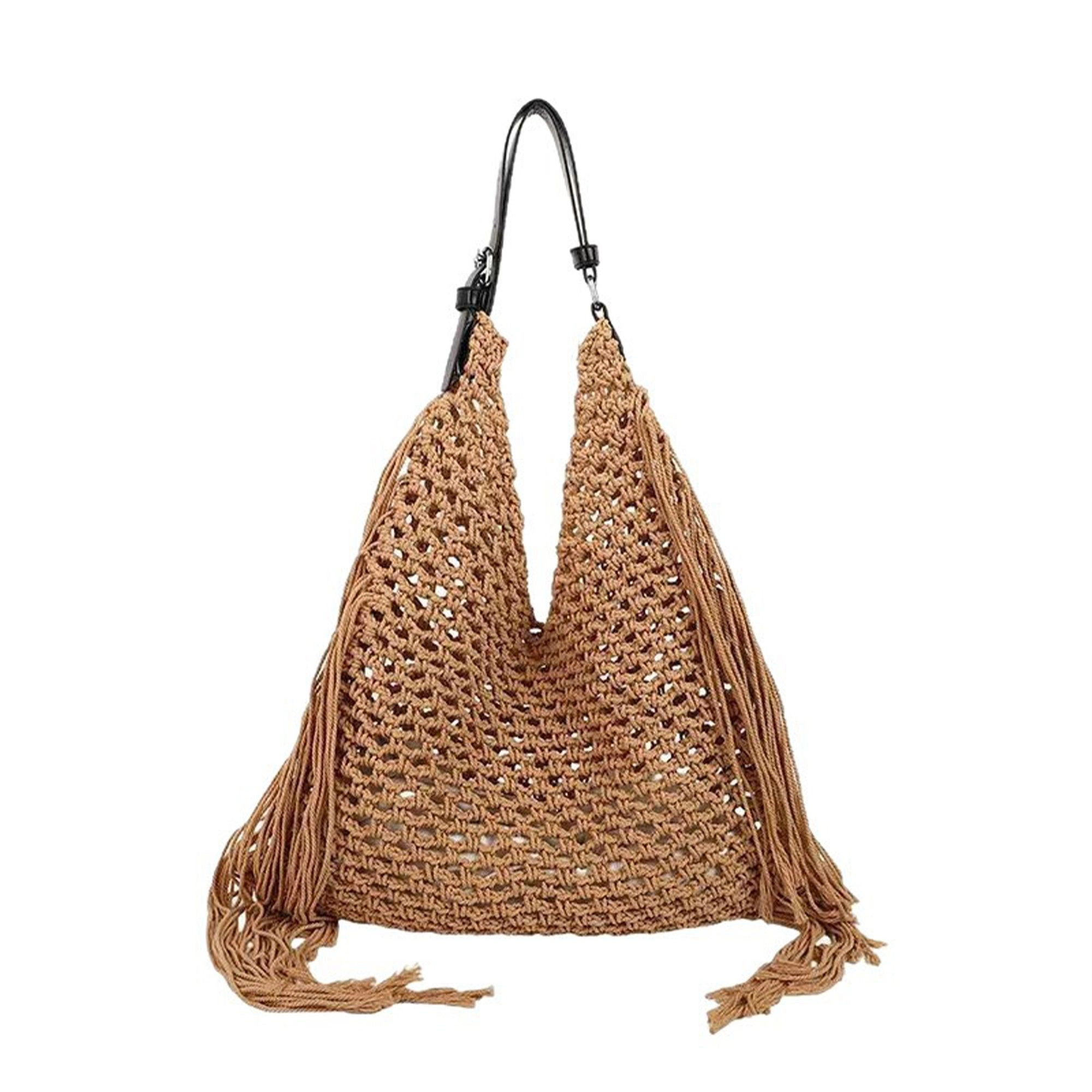 Alilang Women's Woven Crochet Shoulder Bag with Fringe Detail Slouchy Hobo Style Lightweight Handbag