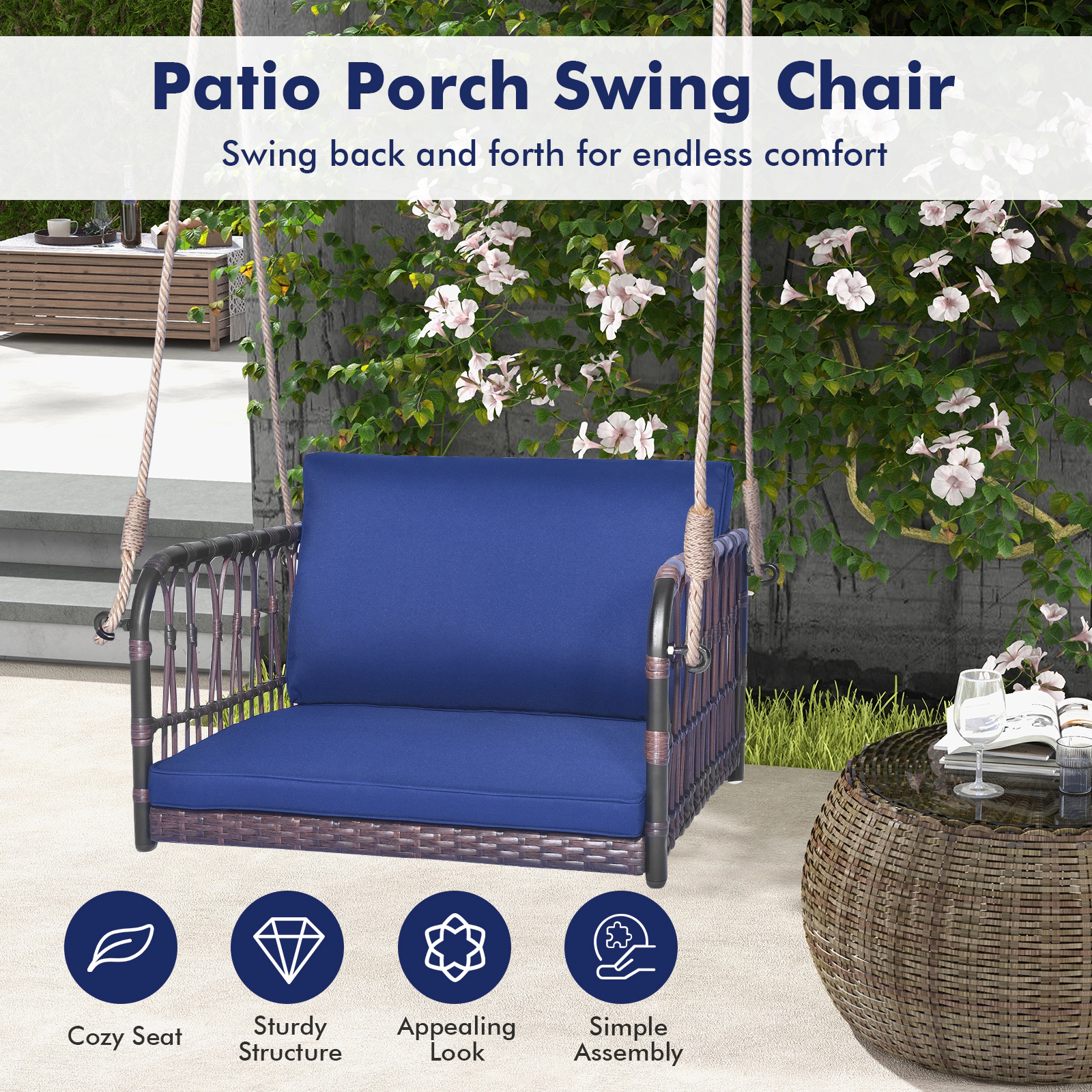 SUGIFT Single Person Hanging Swing Seat with Seat and Back Cushions 400-Lb Capacity Navy Mix Brown