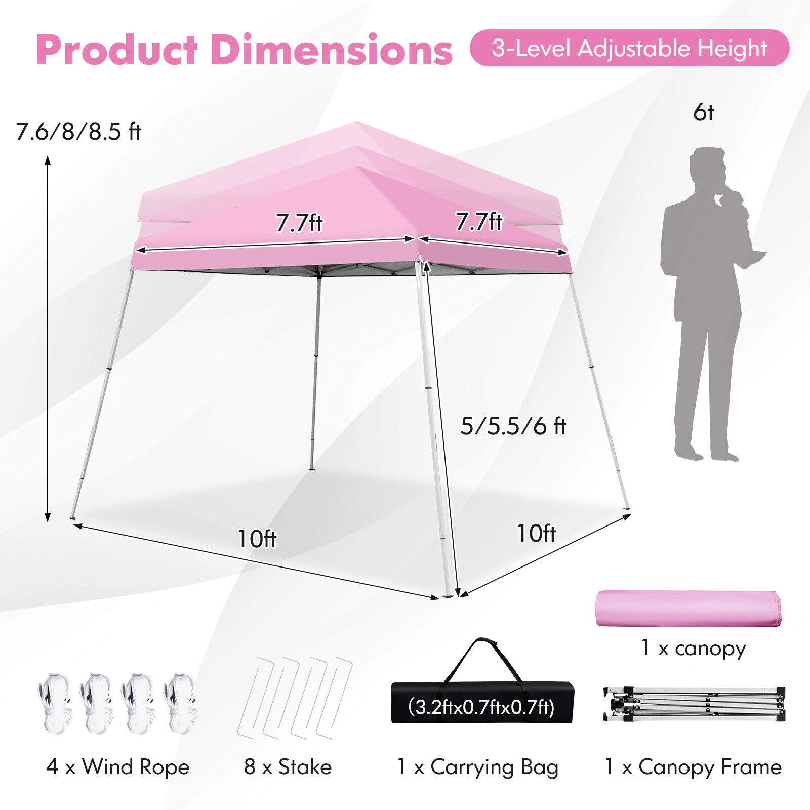 SUGIFT Pink 10-ft by 10-ft 3-Level UPF50+ Oxford Instant Pop Up Canopy with Slanted Legs and Carry Bag