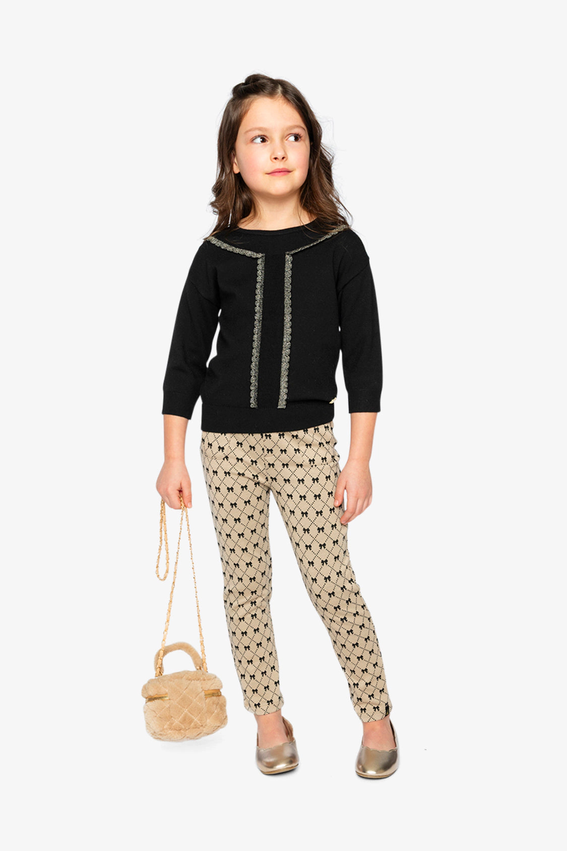 Deux par Deux Girls Jacquard Knit Elastic Waist Bow Tie Print Treggings