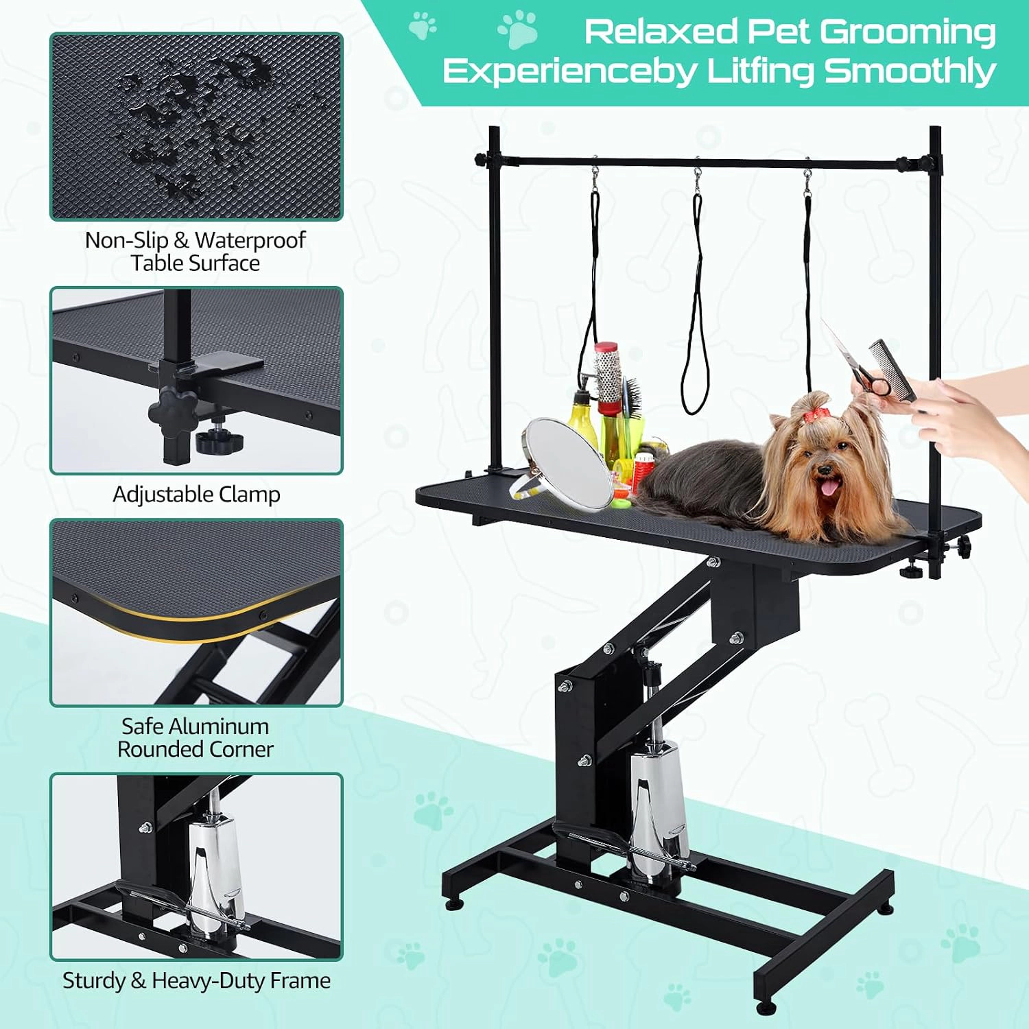 43.3" x 23.6" Hydraulic Dog Grooming Table, 350 lb Capacity, Non-Slip Top, 3 Nooses, Black