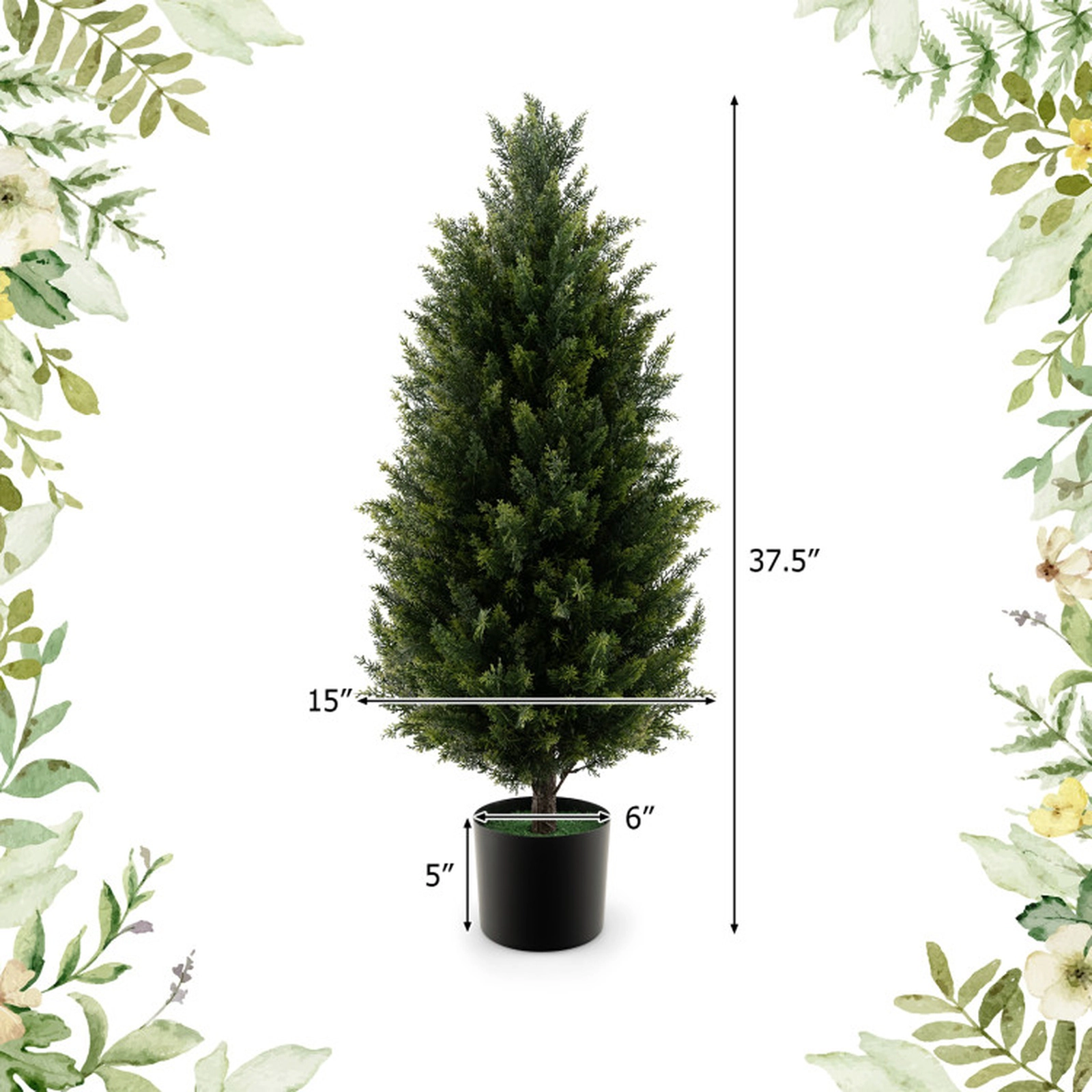 SUGIFT Dense Foliage Artificial Cedar Topiary Tree with Cement Plastic Pot 37-in Tall Green and Black with Faux Moss