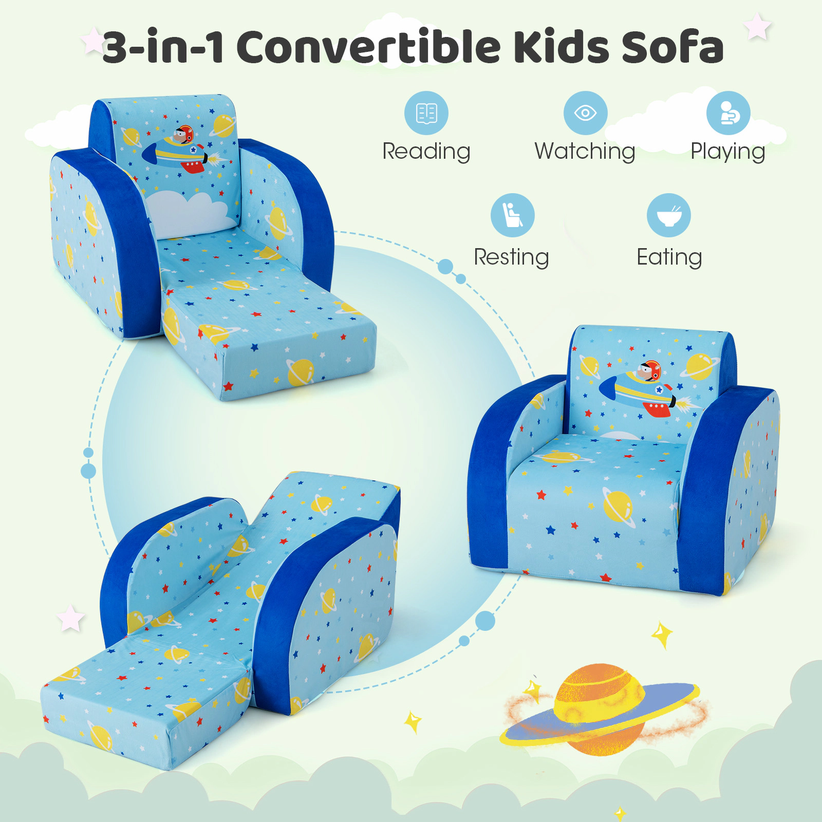 SUGIFT 3-in-1 Convertible Flip Open Kids Sofa Chair and Lounge Bed 66-lb Capacity Ages Under 3 Blue