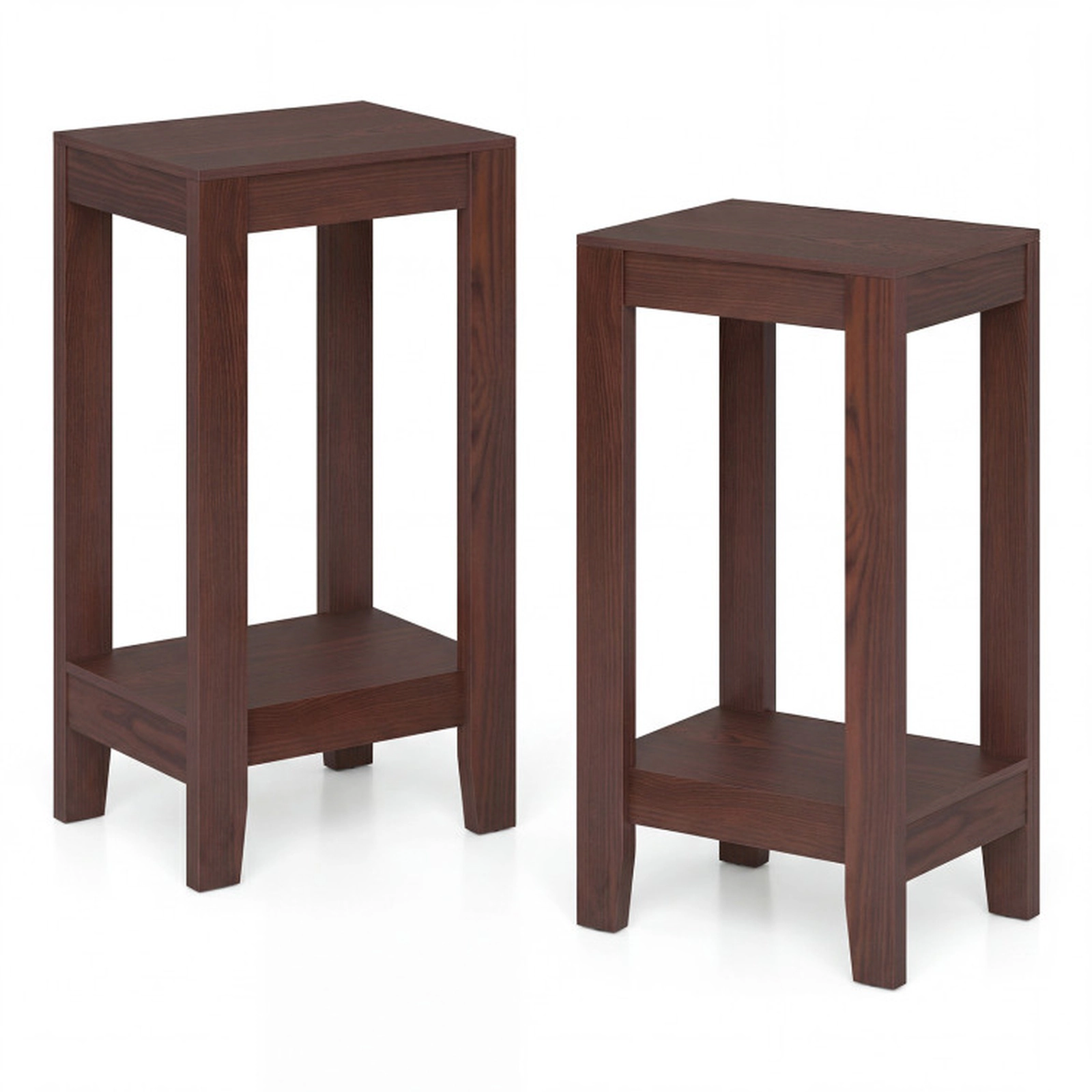 SUGIFT Set of 2 Narrow 2-Tier Open Shelf Solid Wood Legs MDF End Tables 16-in x 12-in x 29-in 11-lb Capacity Brown