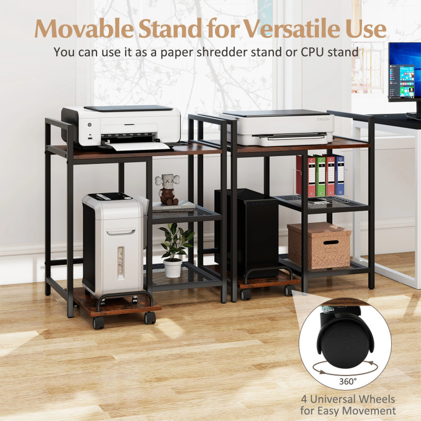 SUGIFT 25-in 110-lb Capacity Printer Stand with Charging Station Pull-Out CPU Slide and Mesh Storage Shelves
