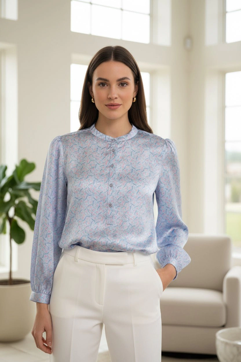 DressAtR Women's Satin Round Neck Full Sleeve Button Front Opening Blouse