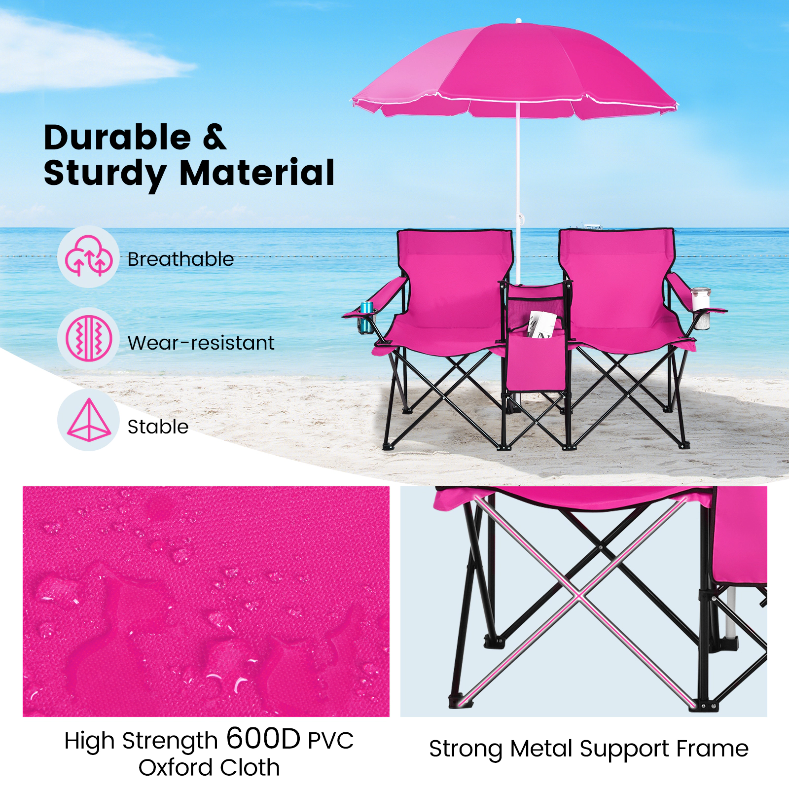 SUGIFT Portable Folding Picnic Double Chair with Umbrella and Cooler Bag 270-lb Capacity per Seat 600-lb Total Pink