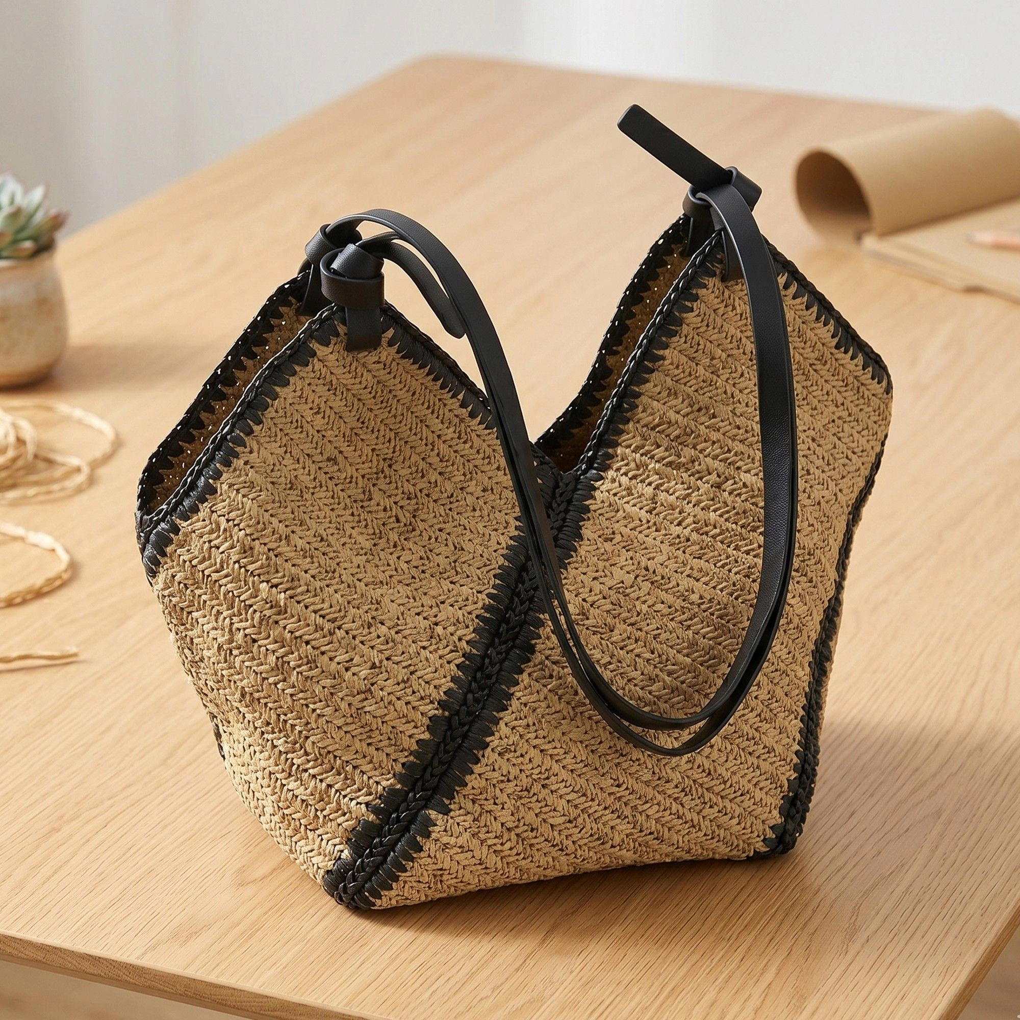Alilang Women's Woven Crochet Hobo Bag with Contrast Trim Slouchy Shoulder Handbag Lightweight Knit Tote