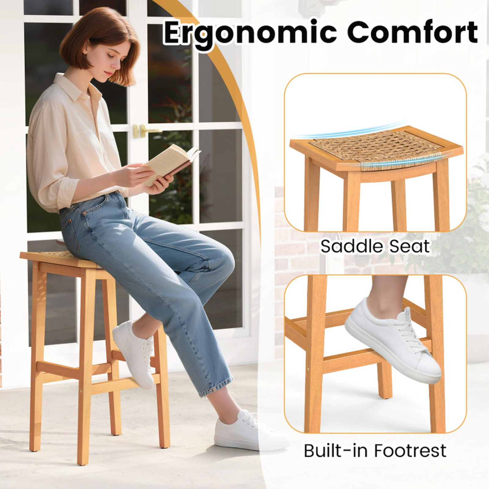 SUGIFT Set of 2 Natural Acacia Wood Bar Stools with PE Rattan Seat, 360 lb Capacity