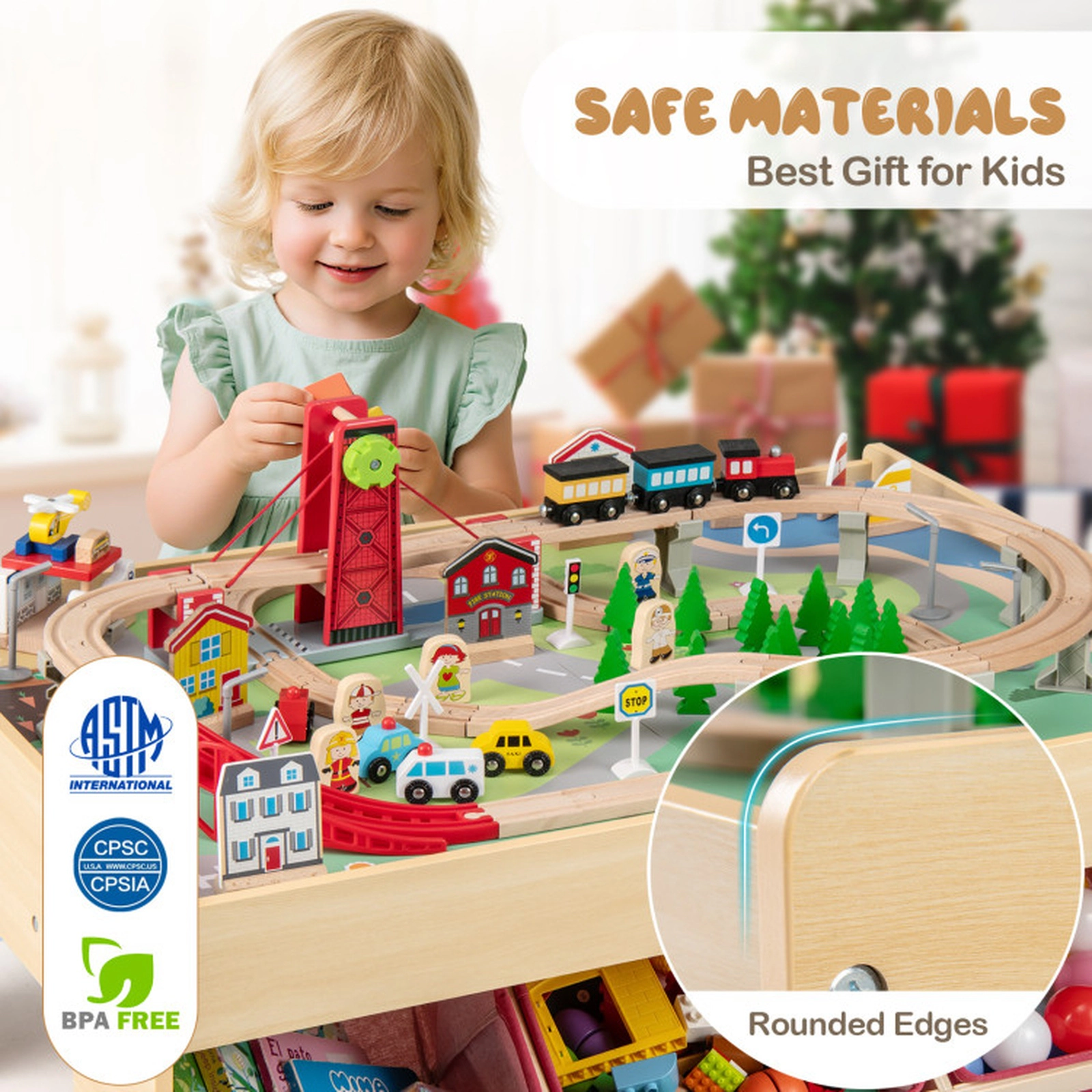 SUGIFT 94-Piece Wooden Train Table with Reversible Tabletops, Magnetic Trains and Fabric Drawers