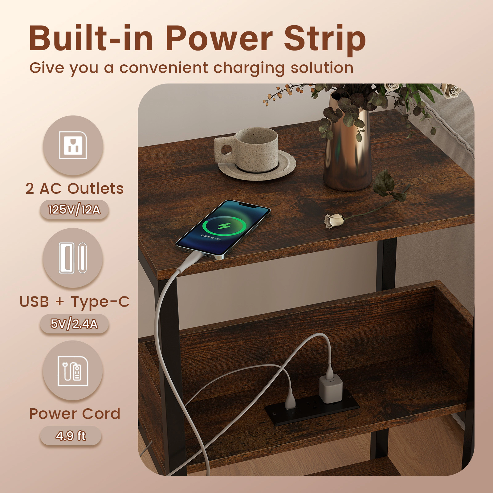 Slickblue Rustic Brown End Table with Hidden Charging Station & 3 Storage Shelves