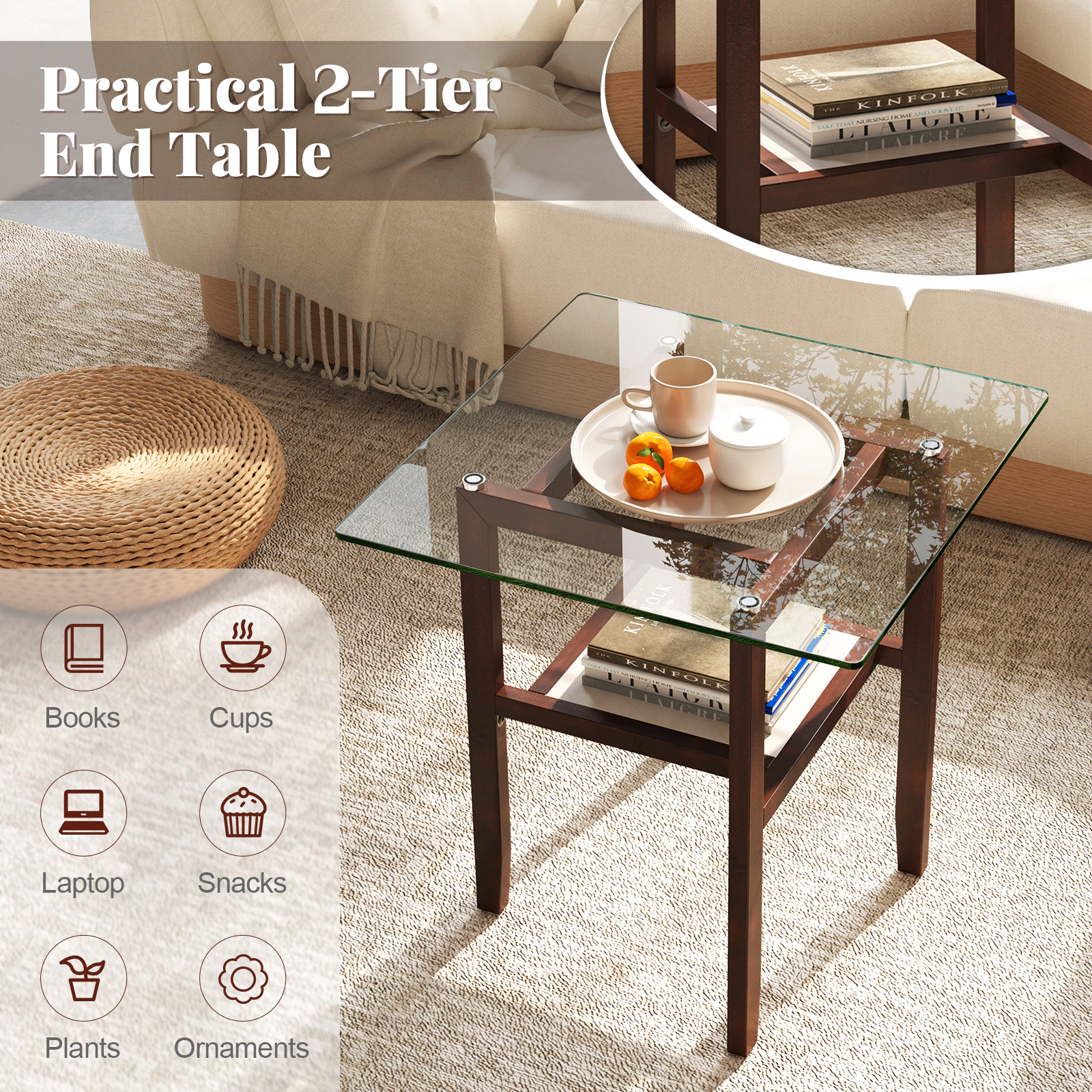 SUGIFT Storage Shelf 150-lb 2-Tier Brown 24 in Square Glass Coffee Table