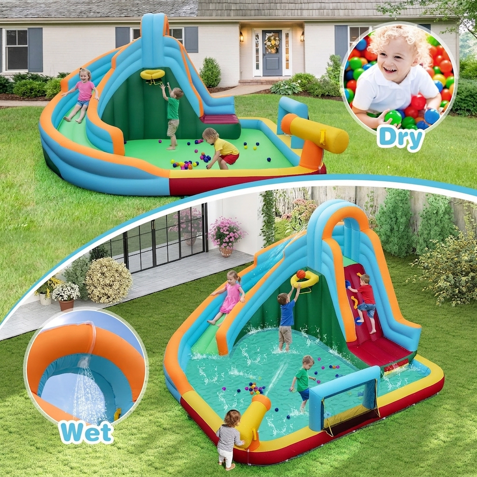 SUGIFT 6-in-1 Giant Inflatable Water Slide Park with Splash Pool Climbing Wall and 50 Ocean Balls
