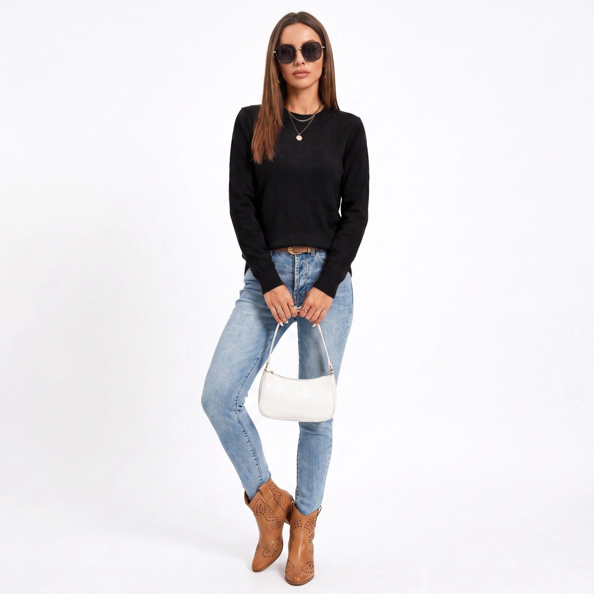 Anna-Kaci Women's Textured Geometric Crew Neck Long Sleeve Knit Sweater