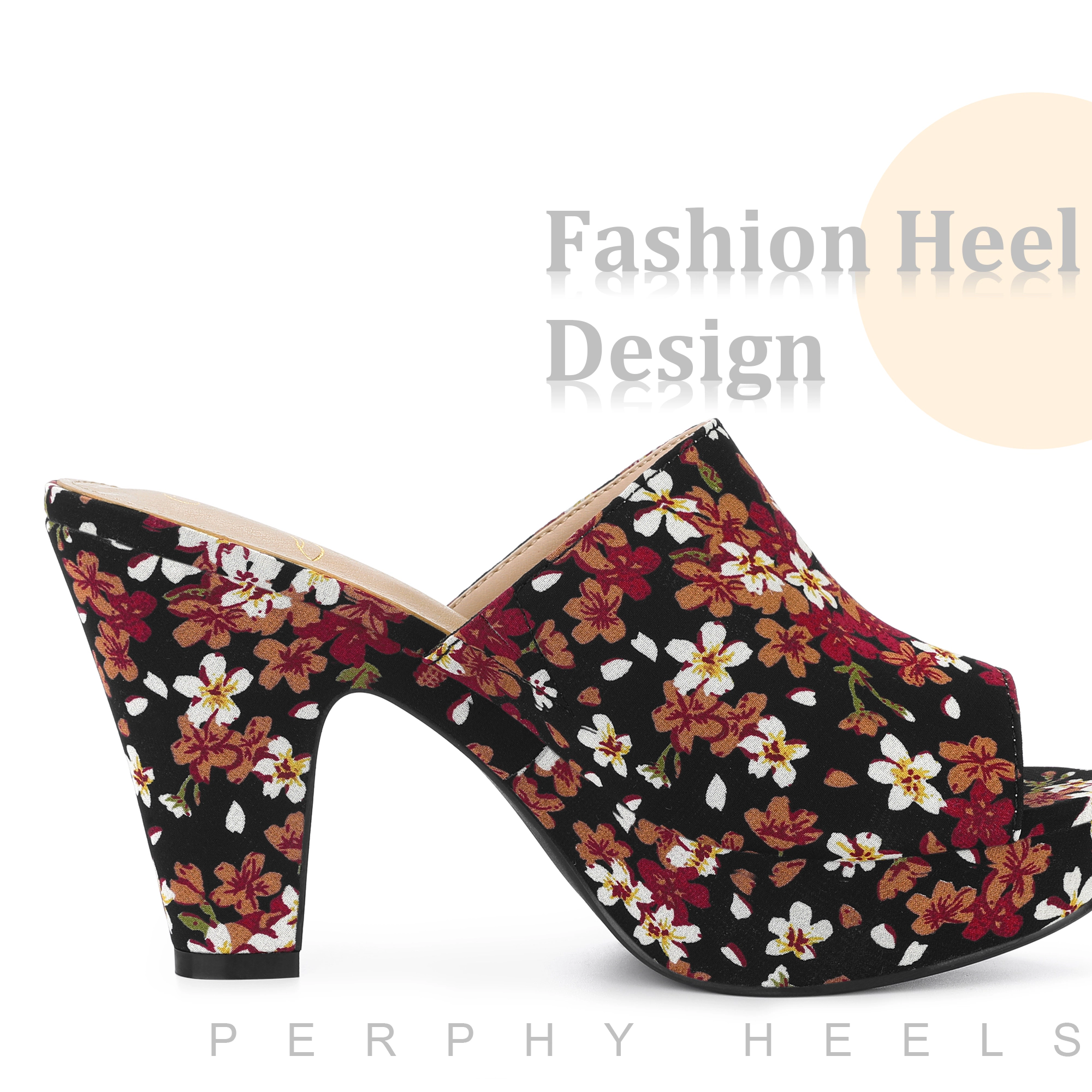 BLISSFUL STEP Women's Floral Open Toe Chunky Heel Platform Slip On Slides Sandals