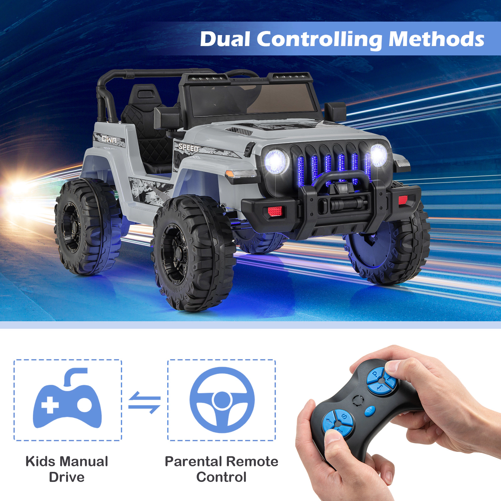SUGIFT 2.4G Remote Control Spring Suspension and Music Kids 12V Ride On Jeep Style Car