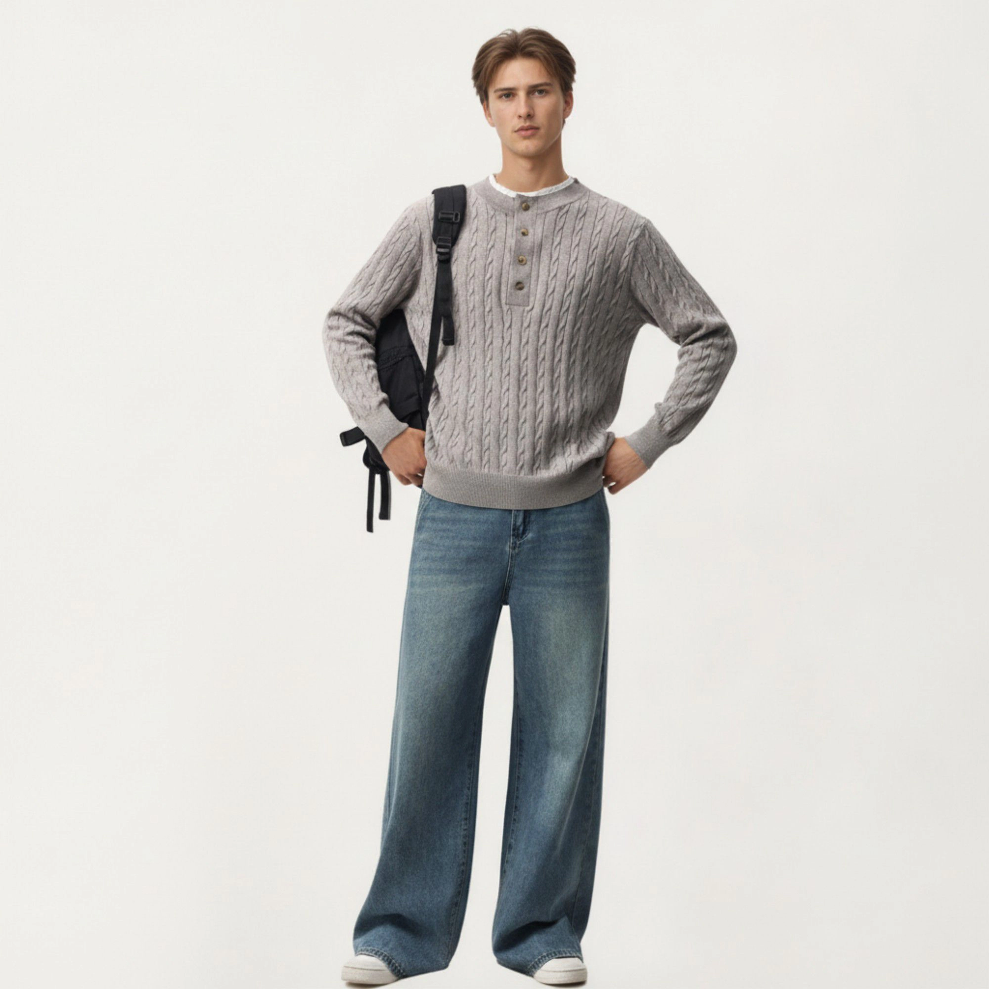 Anna-Kaci Men's Long Sleeve Cable Knit Henley Sweater with Button Placket and Ribbed Trim