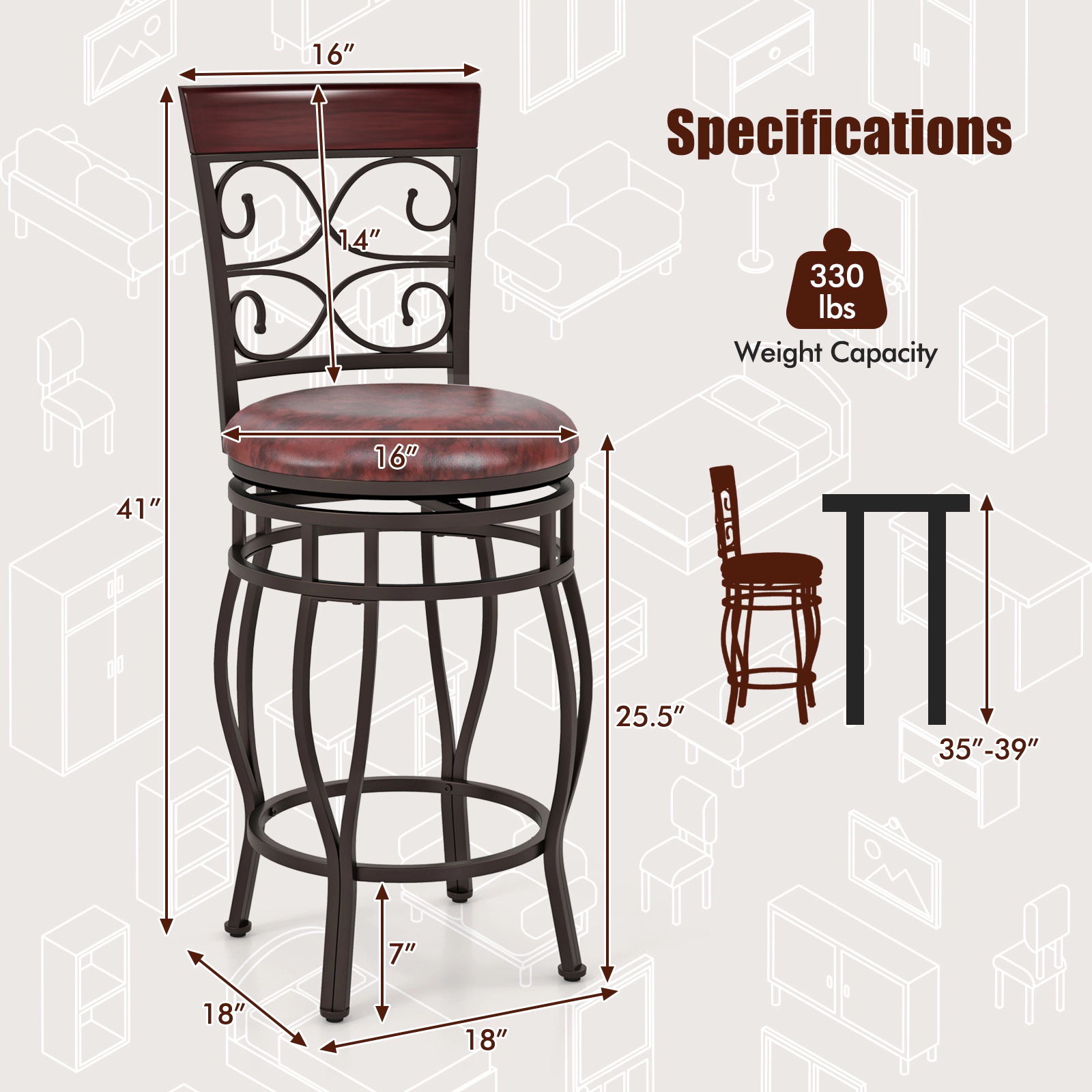 Glintex 2-Piece 26-Inch Counter Stool Set with Backrest and Footrest, Cherry+Brown