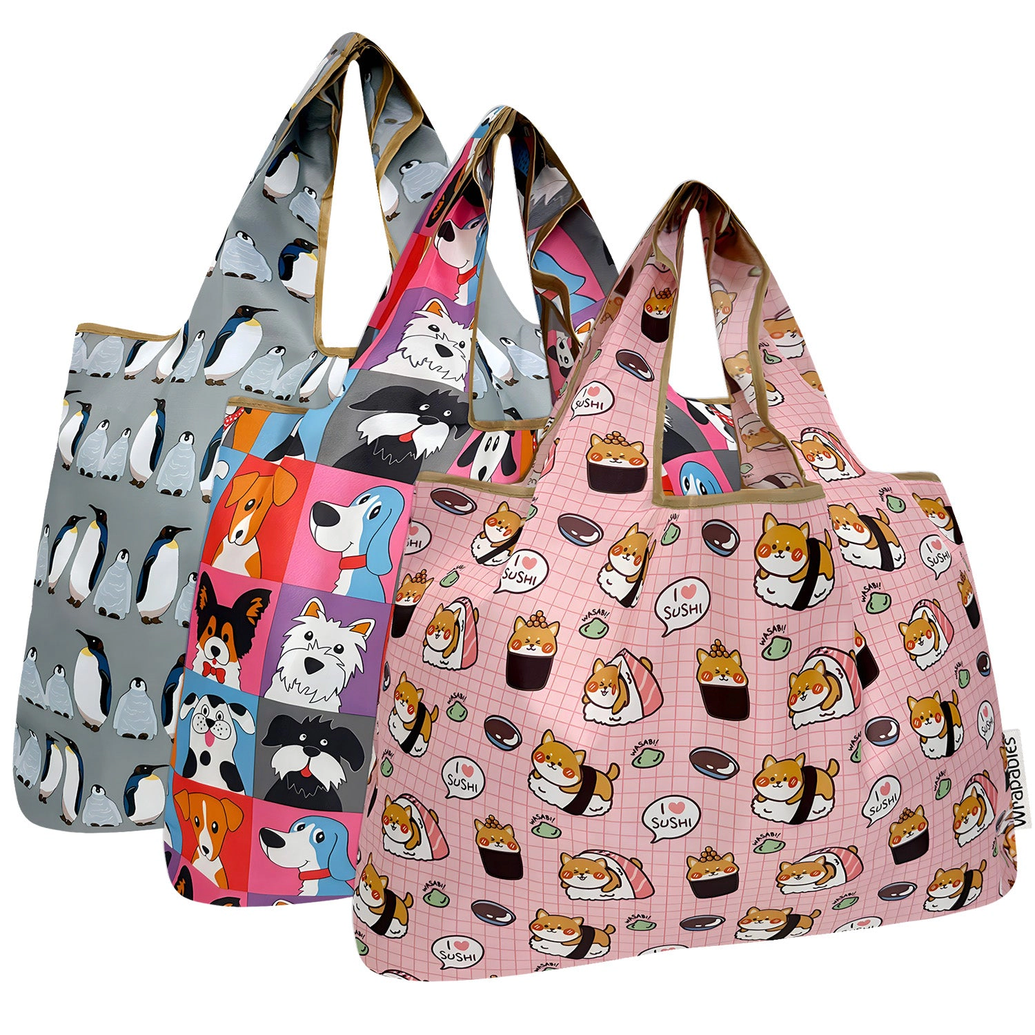 Wrapables Large Nylon Reusable Shopping Bags for Groceries (Set of 3), Dogs and Penguins