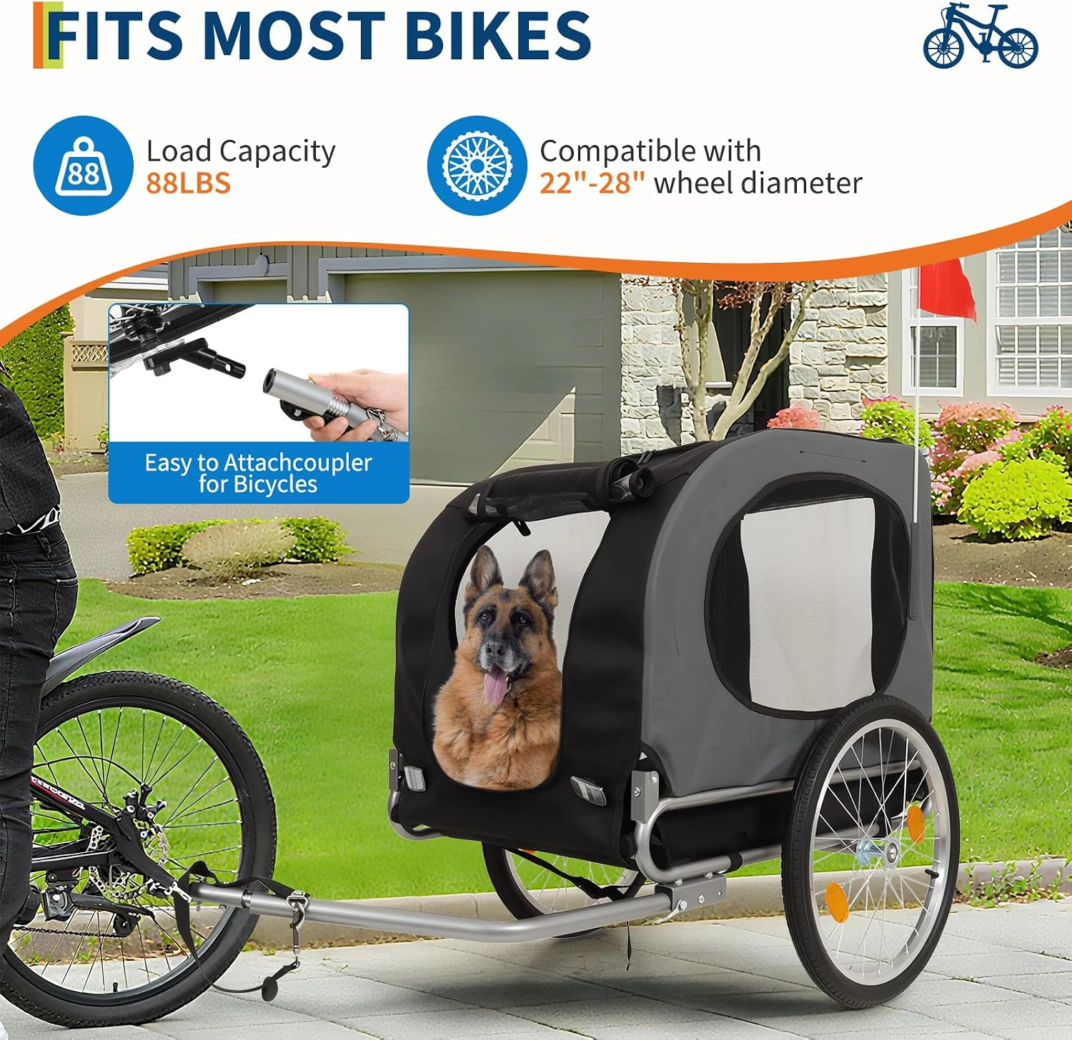PT2211 Heavy-Duty Pet Bike Trailer, Carbon-Steel 600D Oxford Dog Bicycle Carrier, Dark Gray