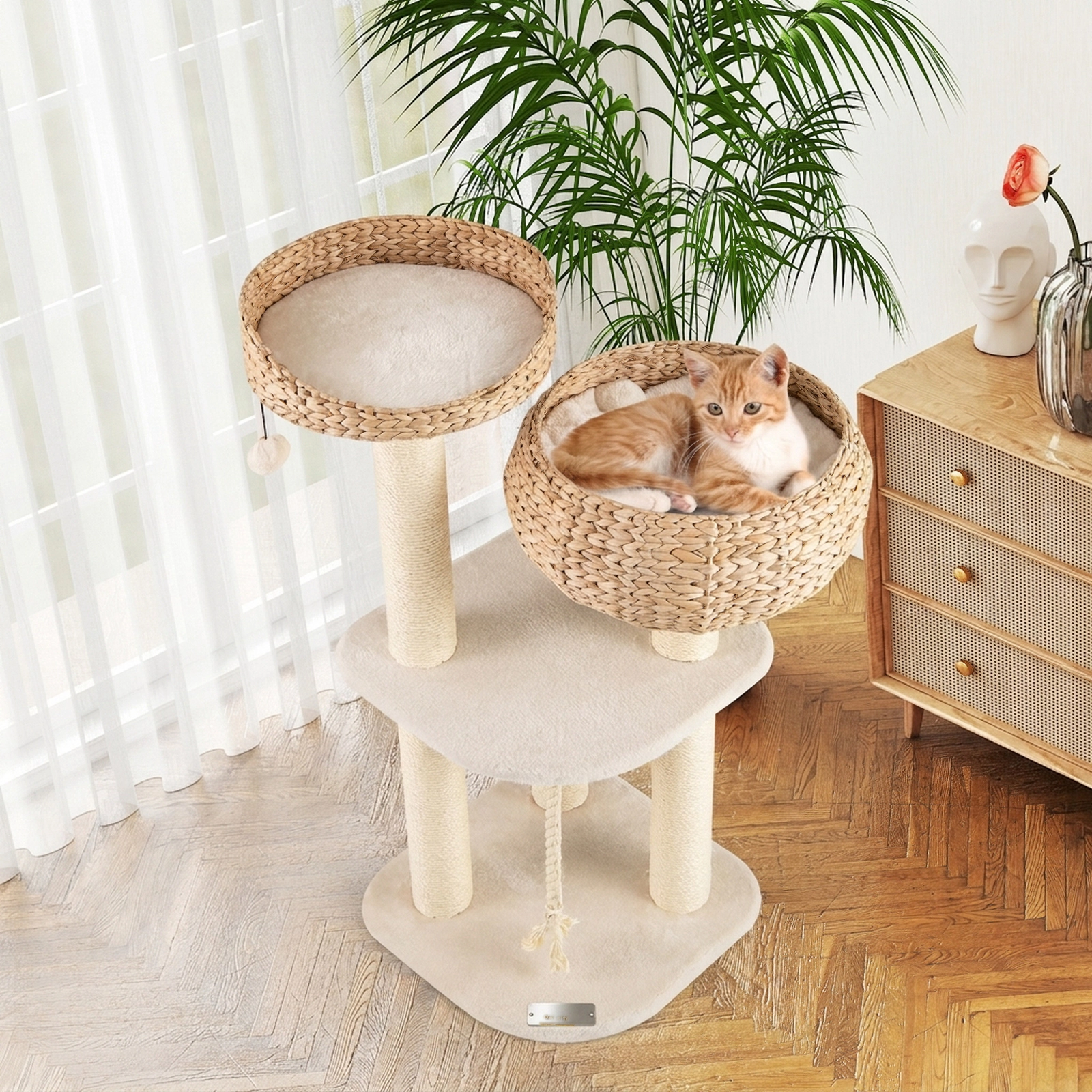 SUGIFT 41-in Rattan Cat Tree Napping Perch 22-lb Capacity Frame with 2 High Rise Basket Beds & Scratching Posts White