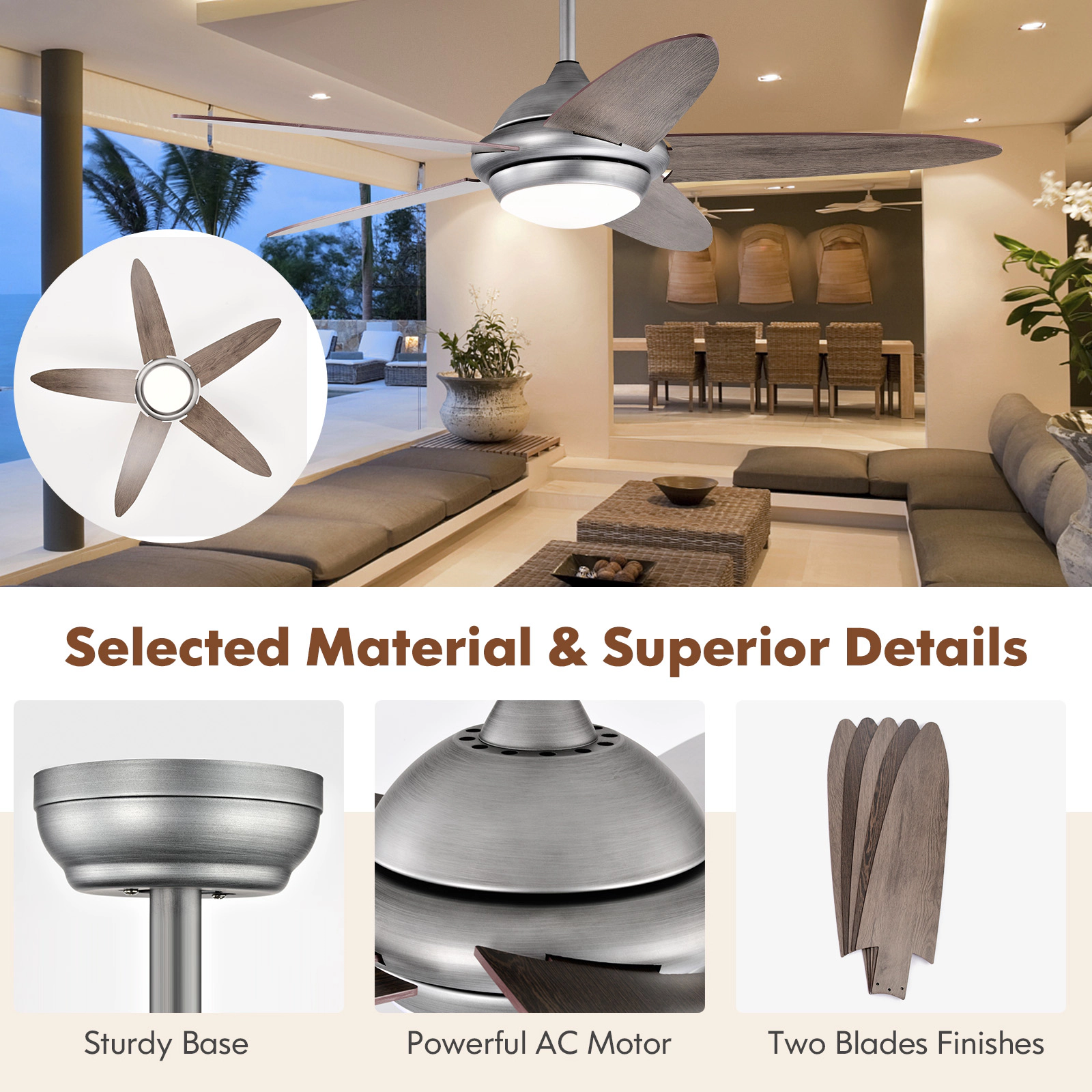 SUGIFT Silver Gray 5-Blade Ceiling Fan with 22W LED Light and 3 Color Temperatures 52-in Dia 5120-CFM