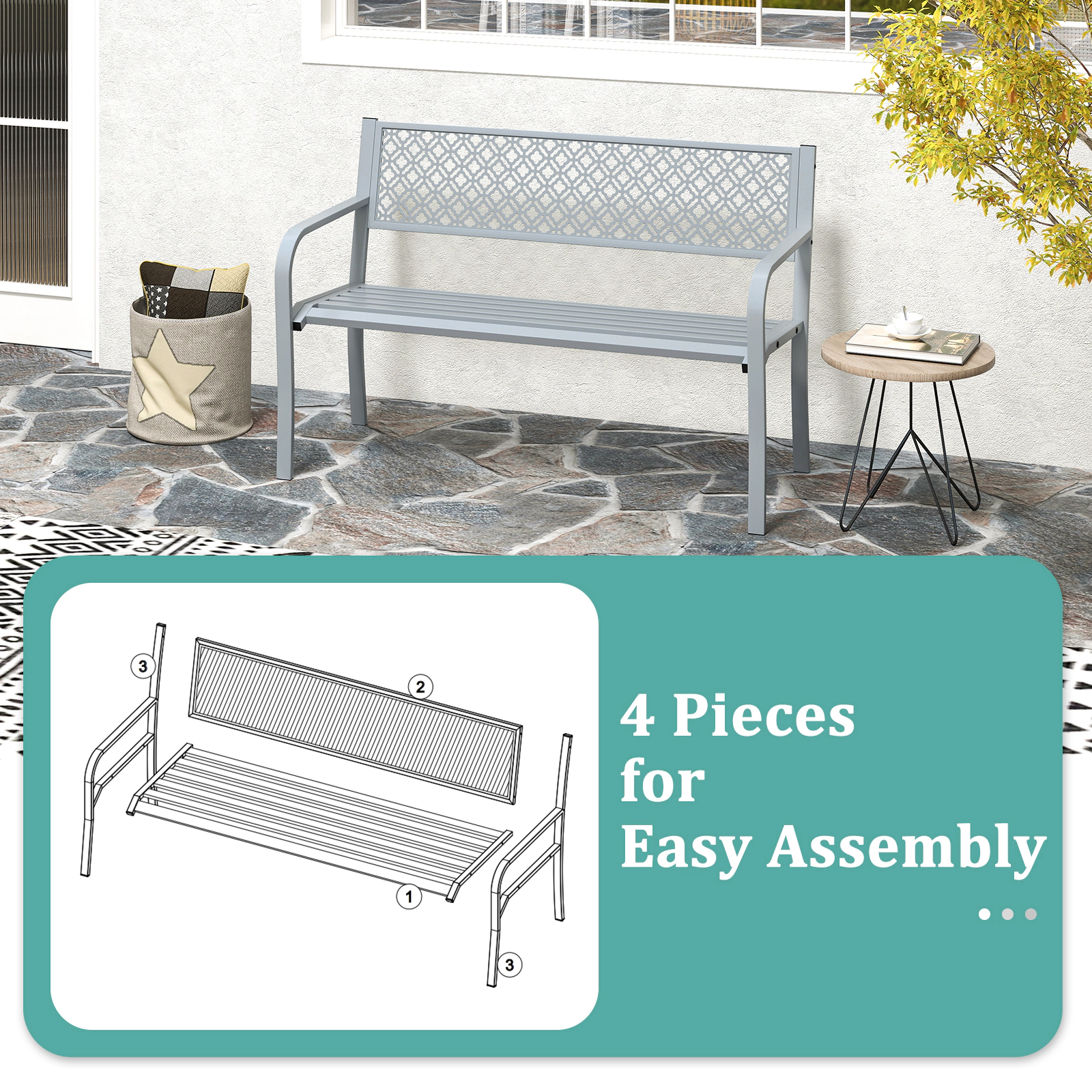 SUGIFT 50-Inch Black Steel Outdoor Garden Bench, 790-Lb Capacity, Geometric Lattice Backrest