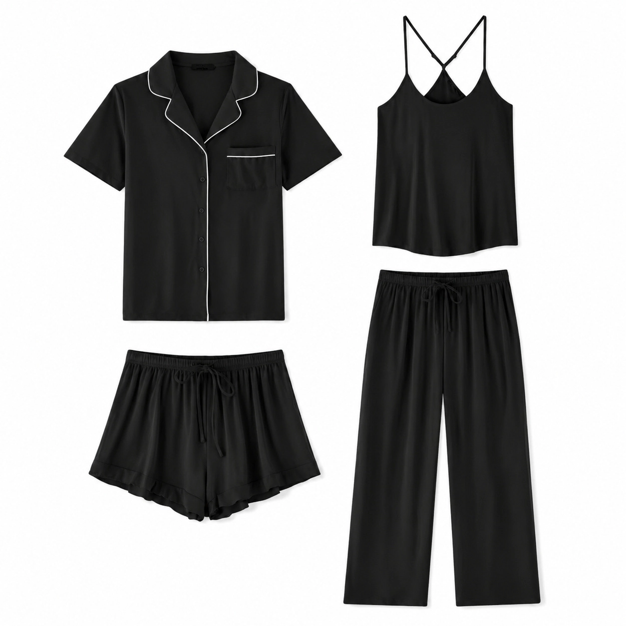 WZK Womens 4-Piece Soft Ruffle Shorts Cami Top Loungewear Pajama Set
