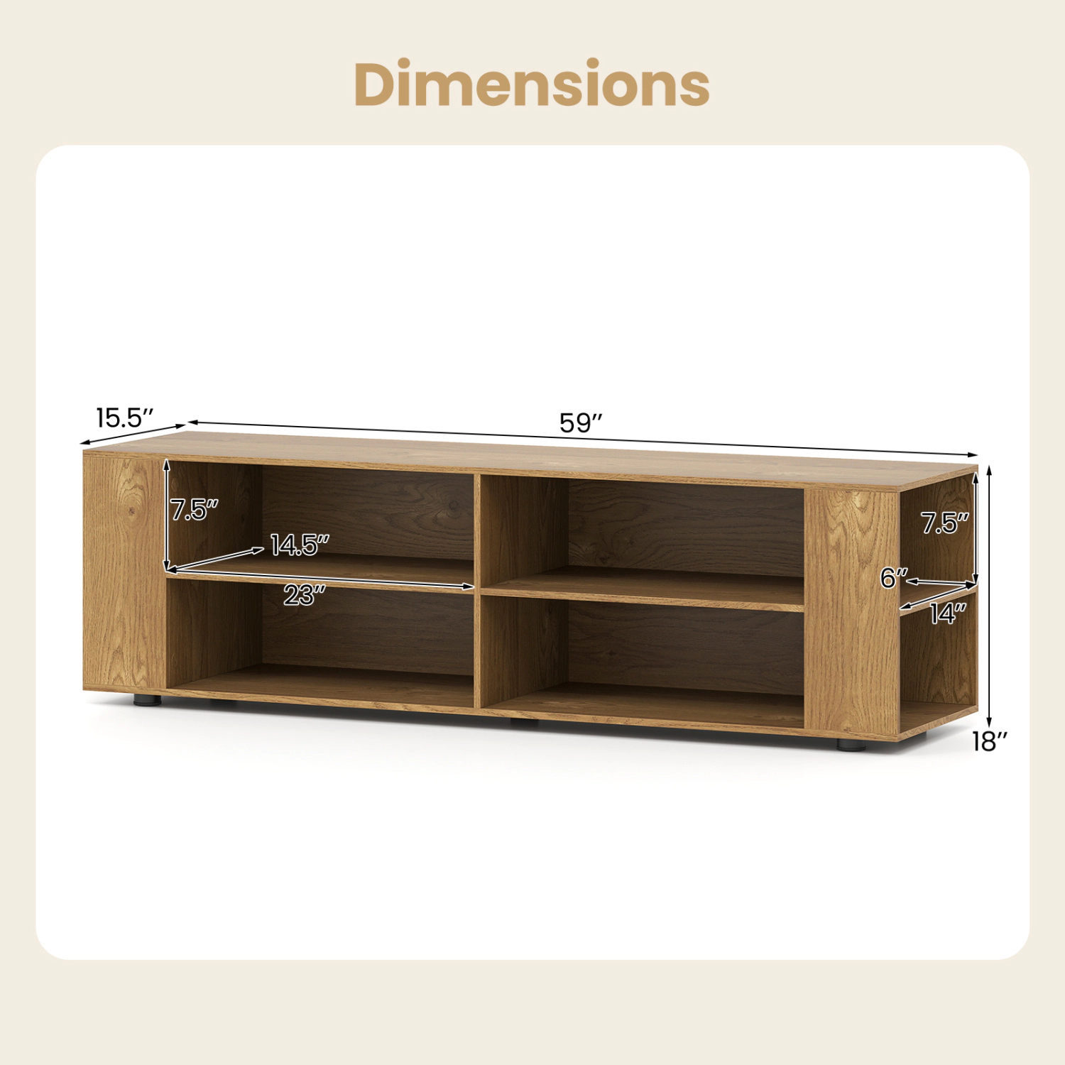 Glintex 59-Inch TV Stand with 4 Open Compartments and 4 Side Shelves, Natural
