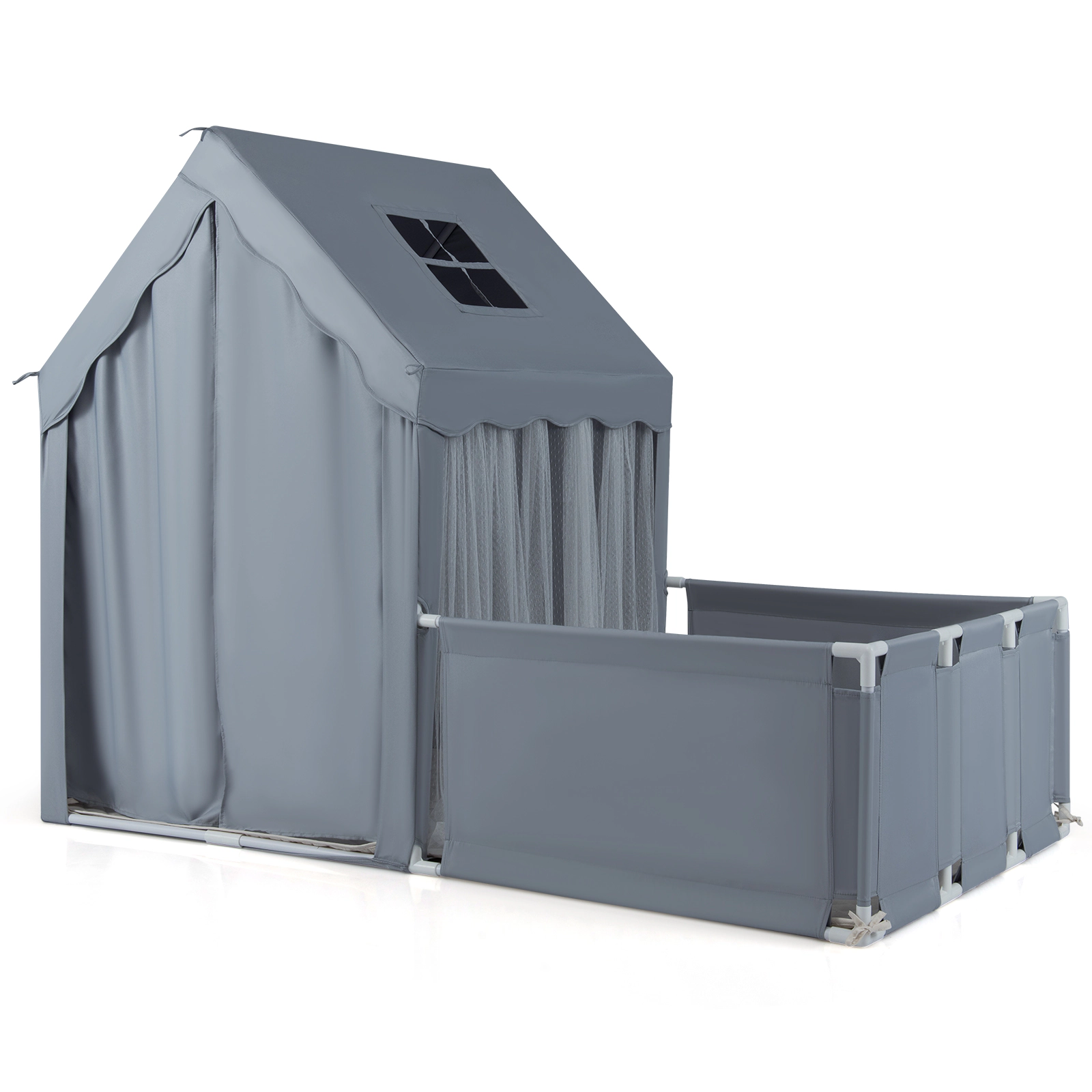 SUGIFT Gray Attached Playpen Toddler Playhouse and Star Lights 2-in-1 Kids Play Tent